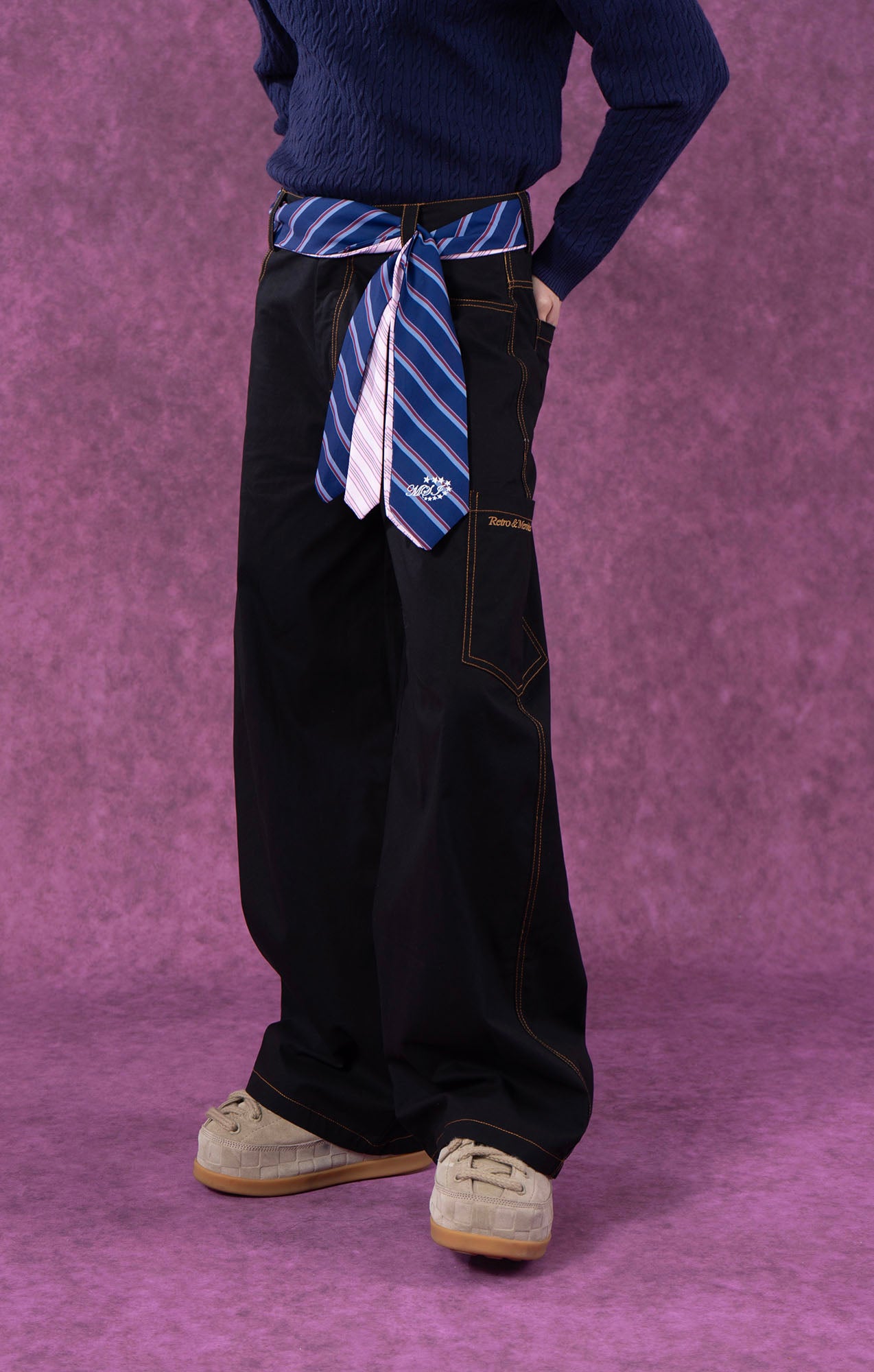 CLP Tie-Belt Multi-Pockets Stitched Pants