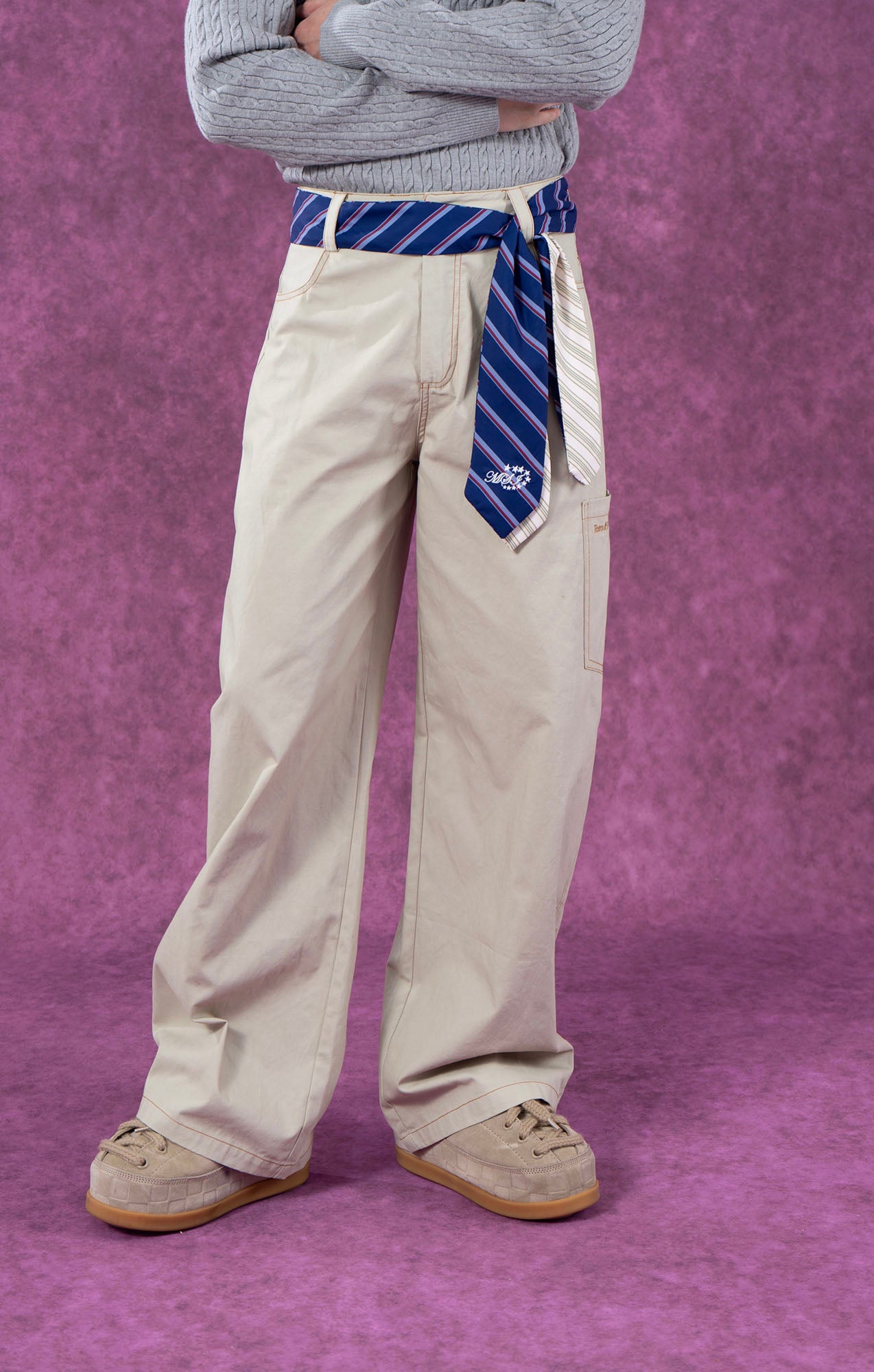 CLP Tie-Belt Multi-Pockets Stitched Pants