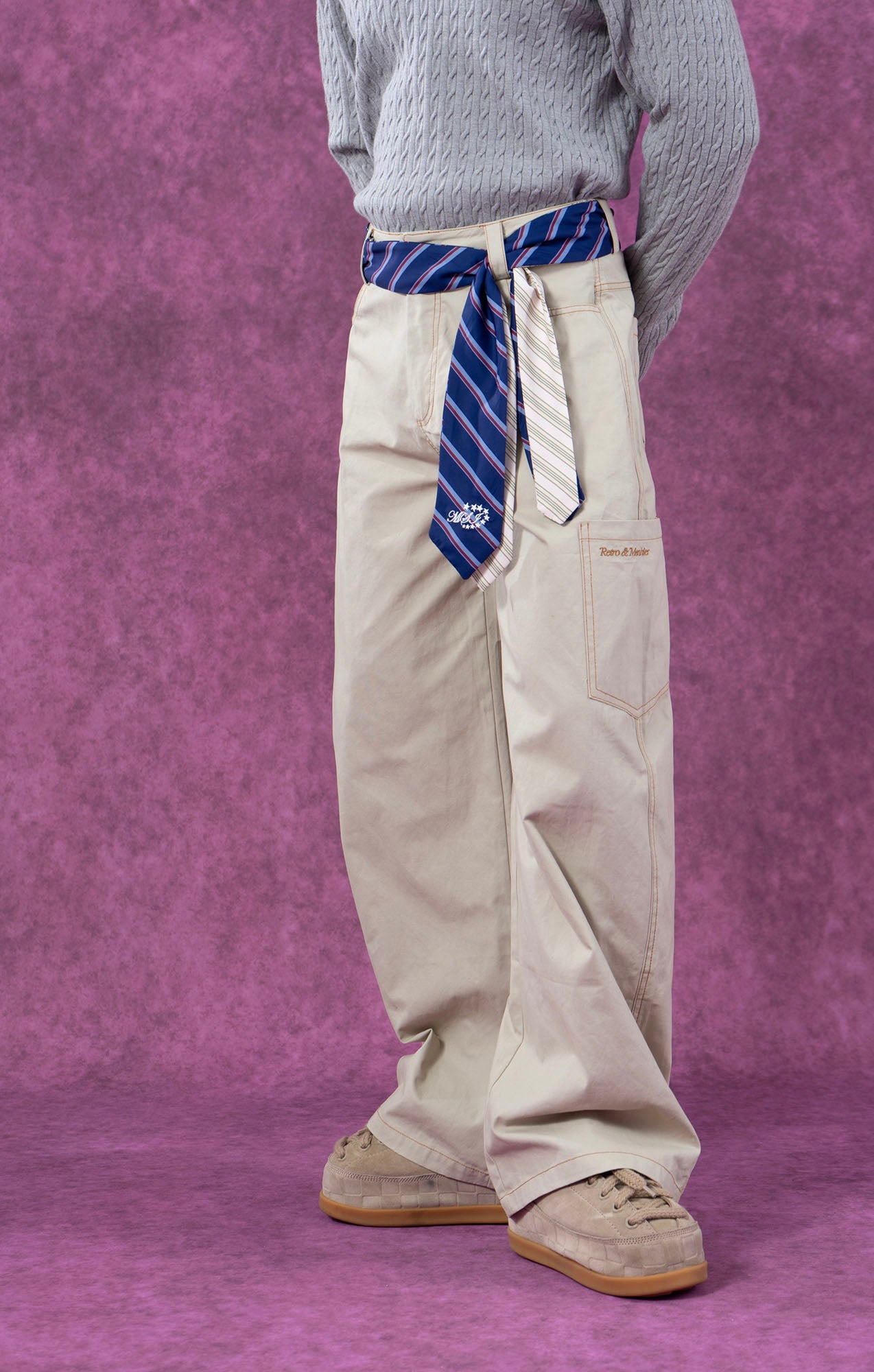 CLP Tie-Belt Multi-Pockets Stitched Pants