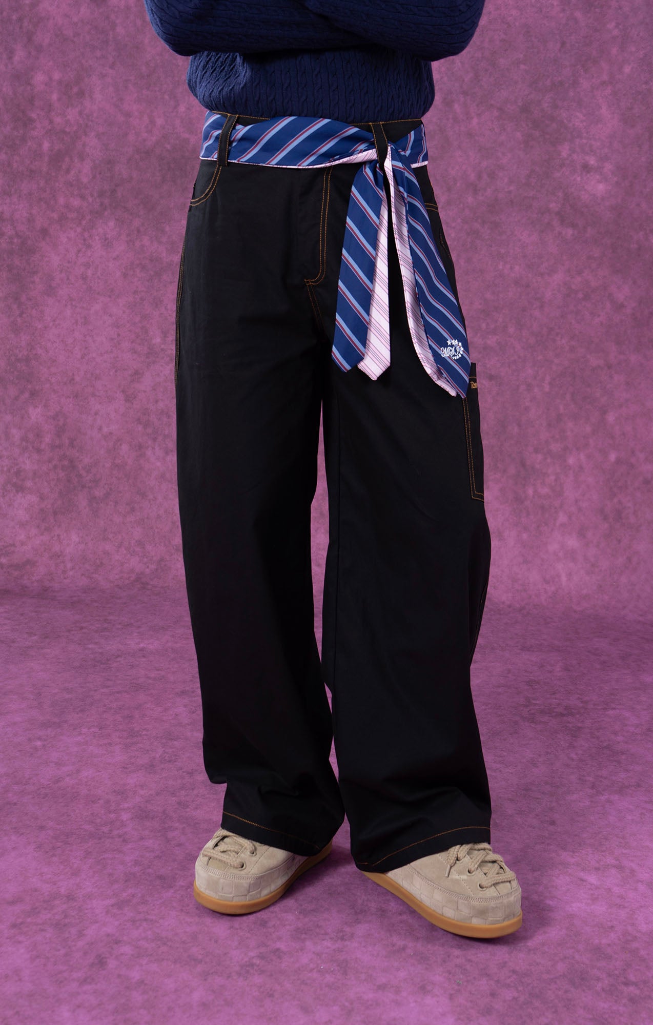 CLP Tie-Belt Multi-Pockets Stitched Pants