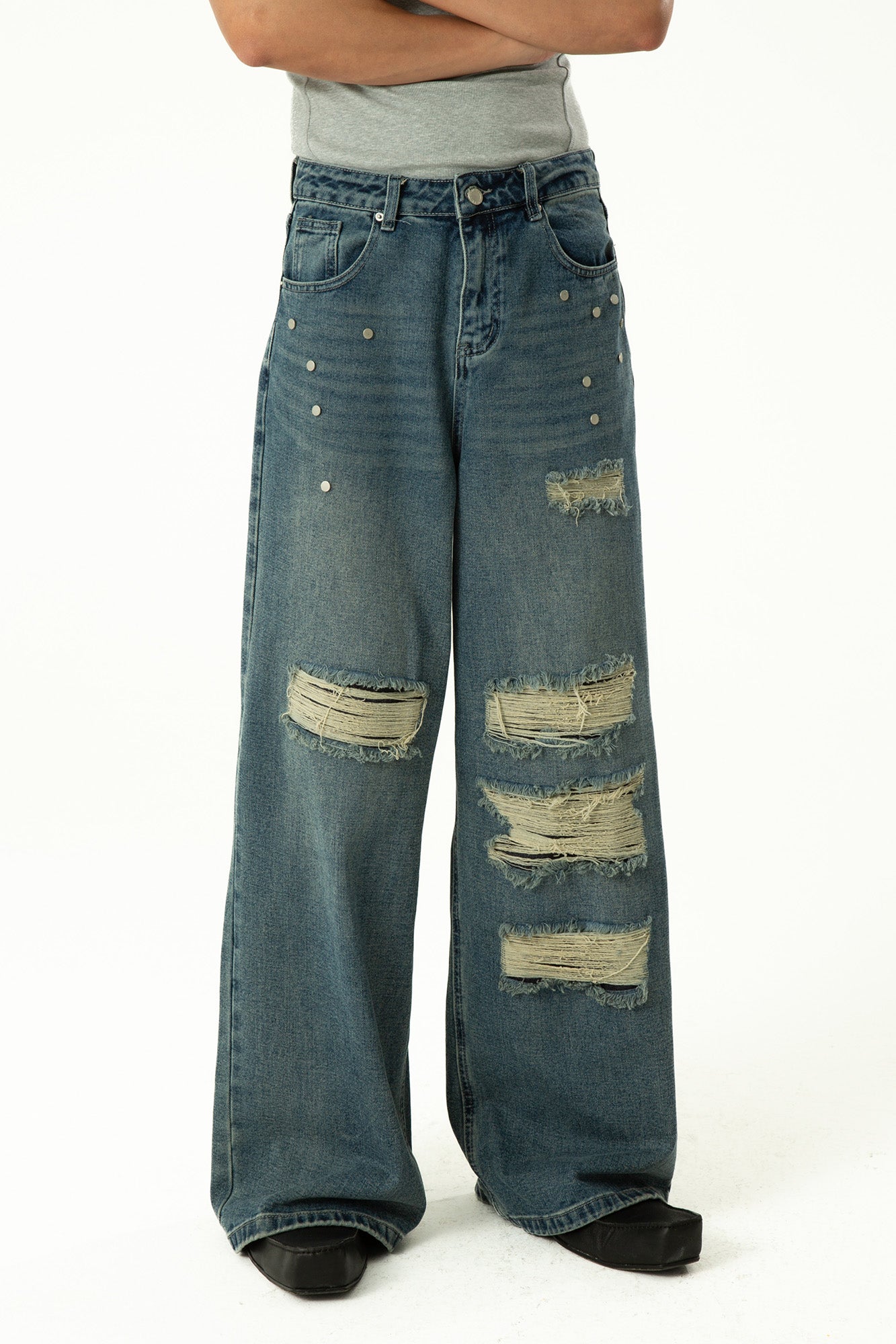 CLP Retro Washed Distressed Rivet Jeans, premium urban and streetwear designers apparel on PROJECTISR.com, CLP