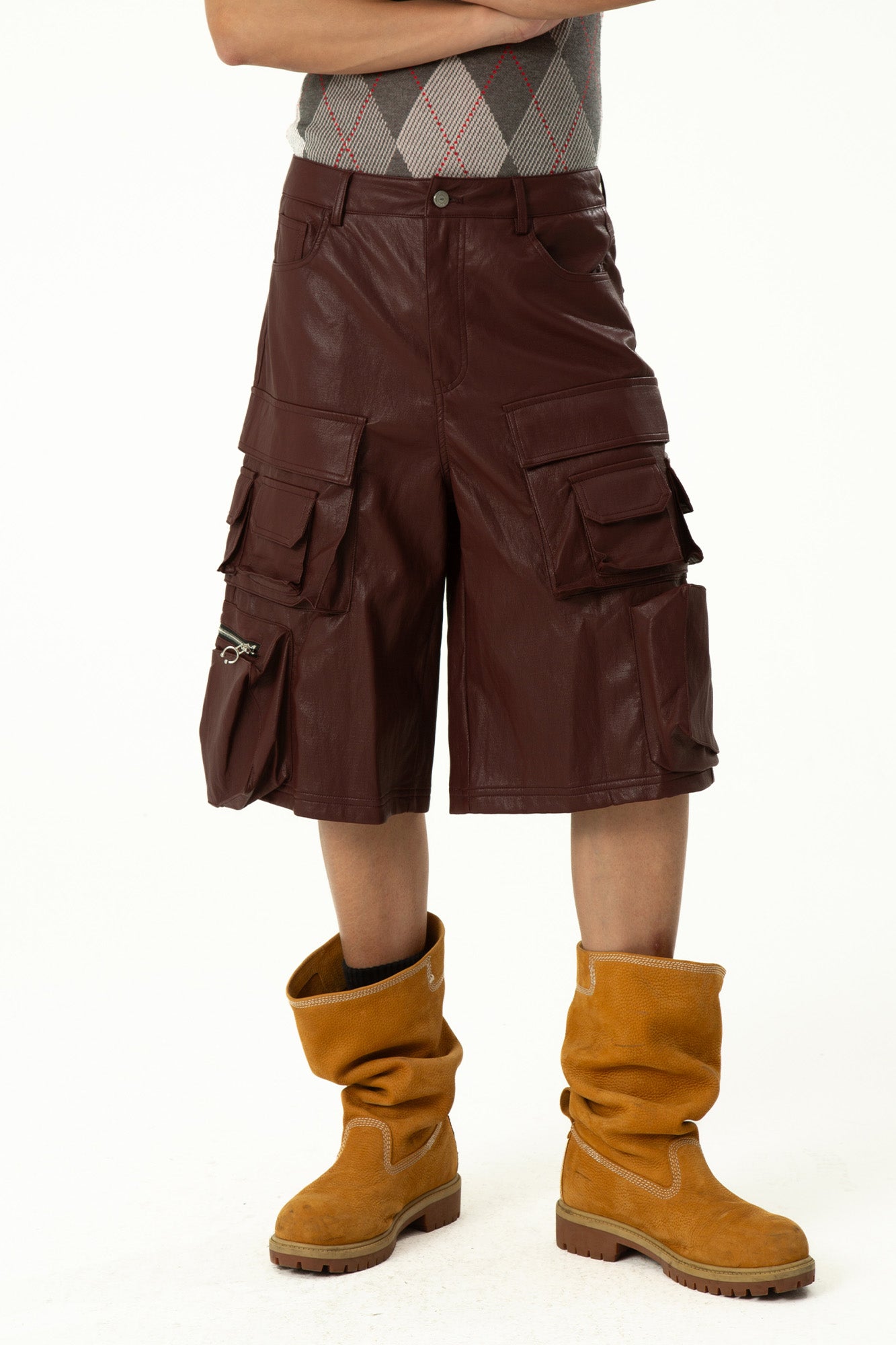CLP Punk Faux Leather Multi-Pocket Cargo Shorts, premium urban and streetwear designers apparel on PROJECTISR.com, CLP