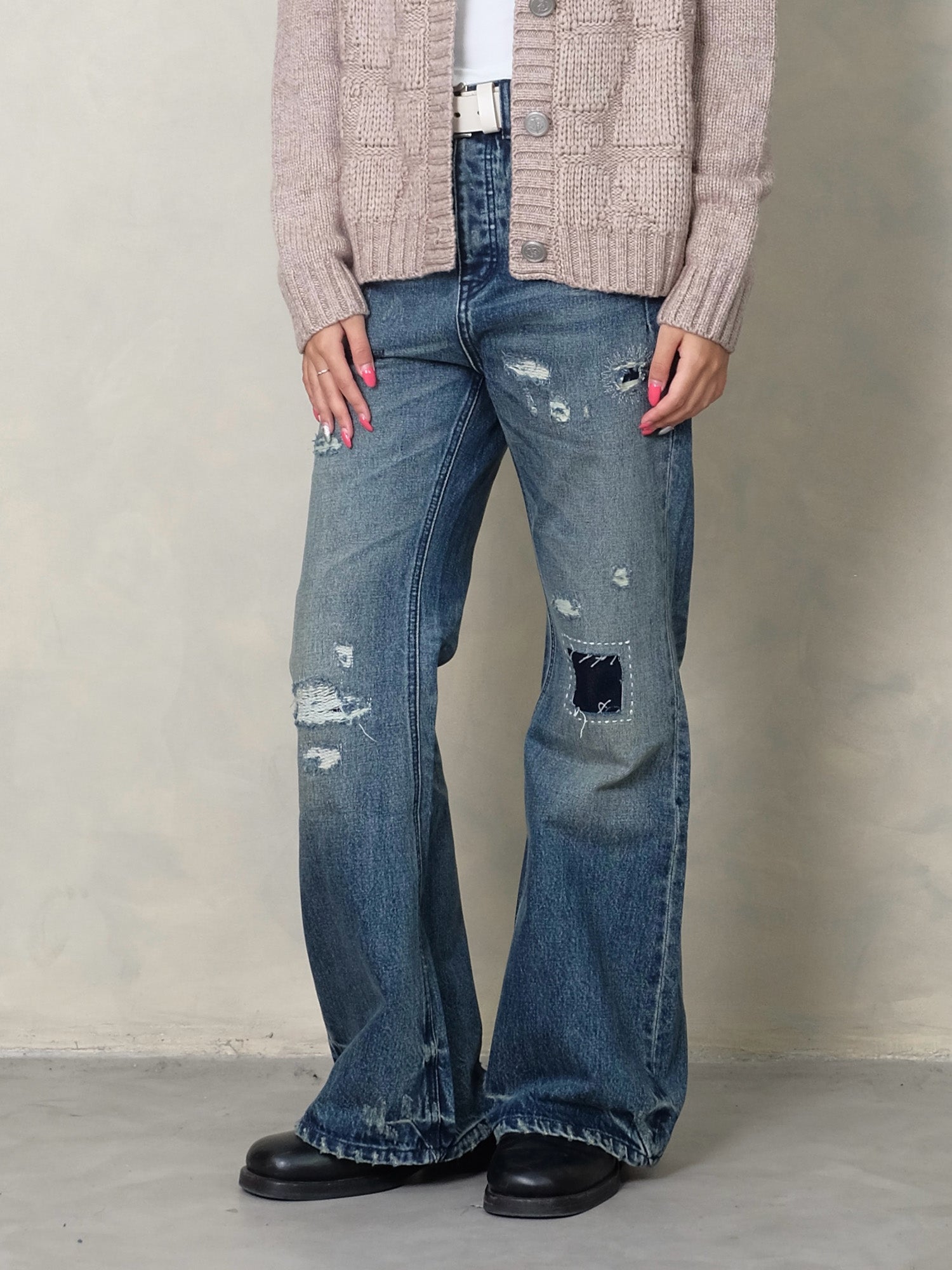 IN EXISTENCE Distressed Stitched Patch Flared Jeans