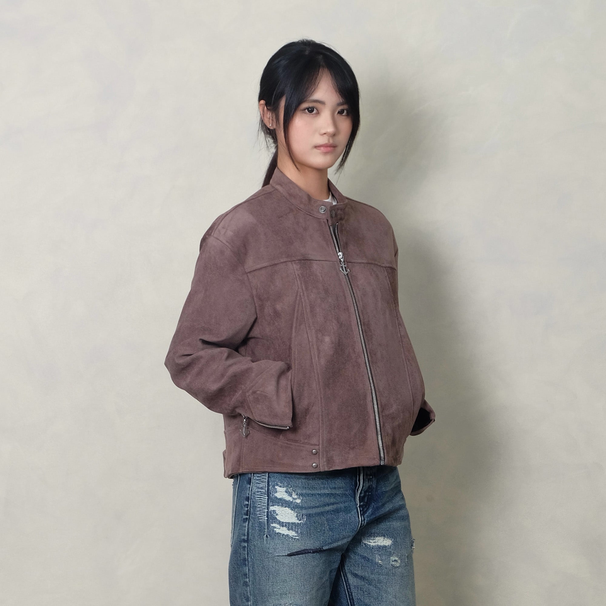 IN EXISTENCE Paneled Faux Suede Rivet Biker Jacket