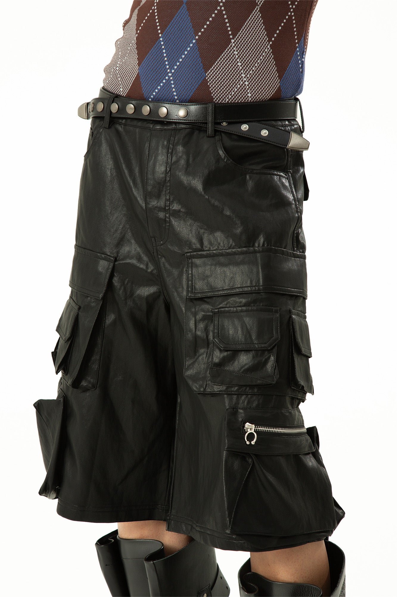 CLP Punk Faux Leather Multi-Pocket Cargo Shorts, premium urban and streetwear designers apparel on PROJECTISR.com, CLP