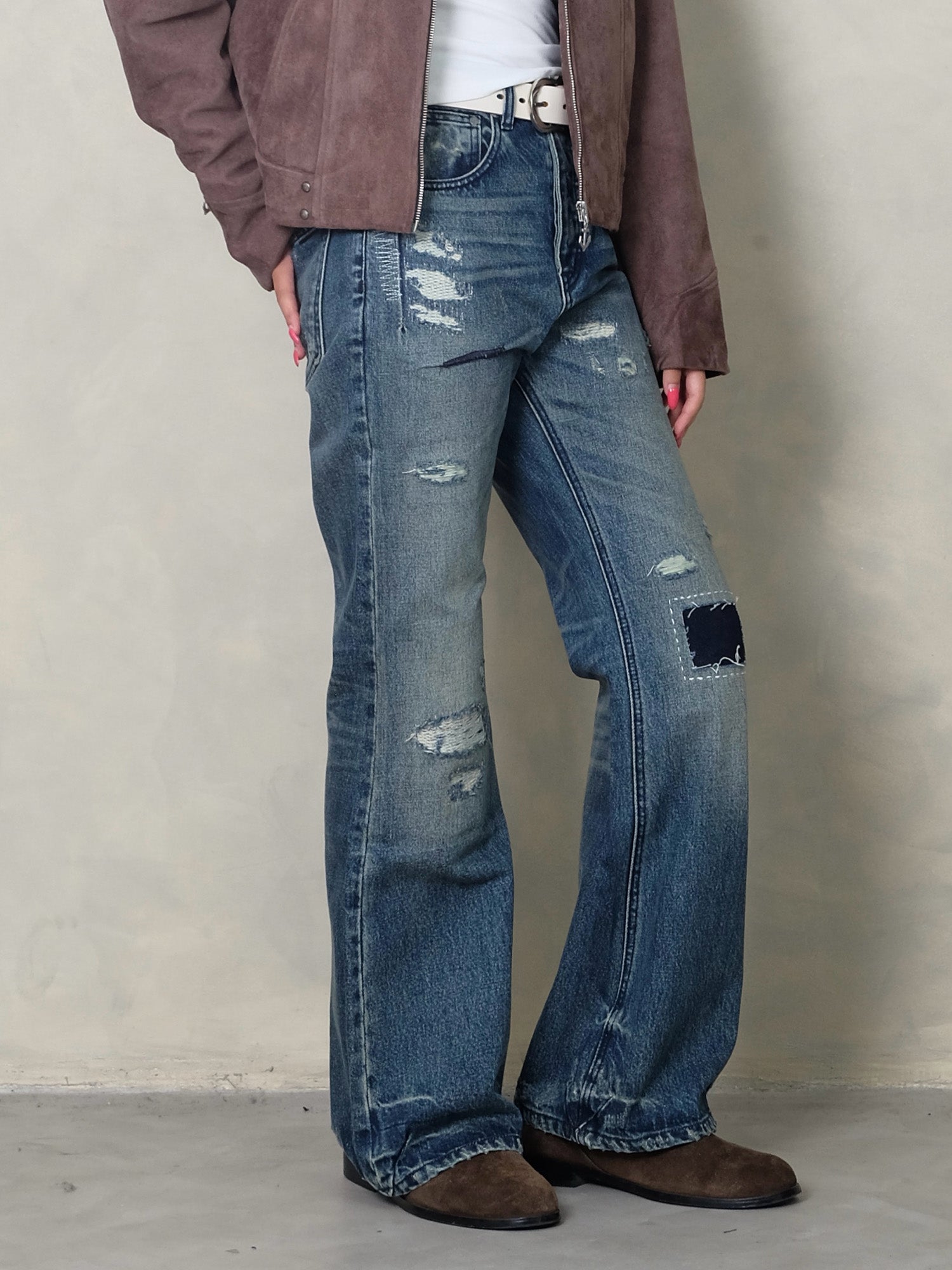 IN EXISTENCE Distressed Stitched Patch Flared Jeans
