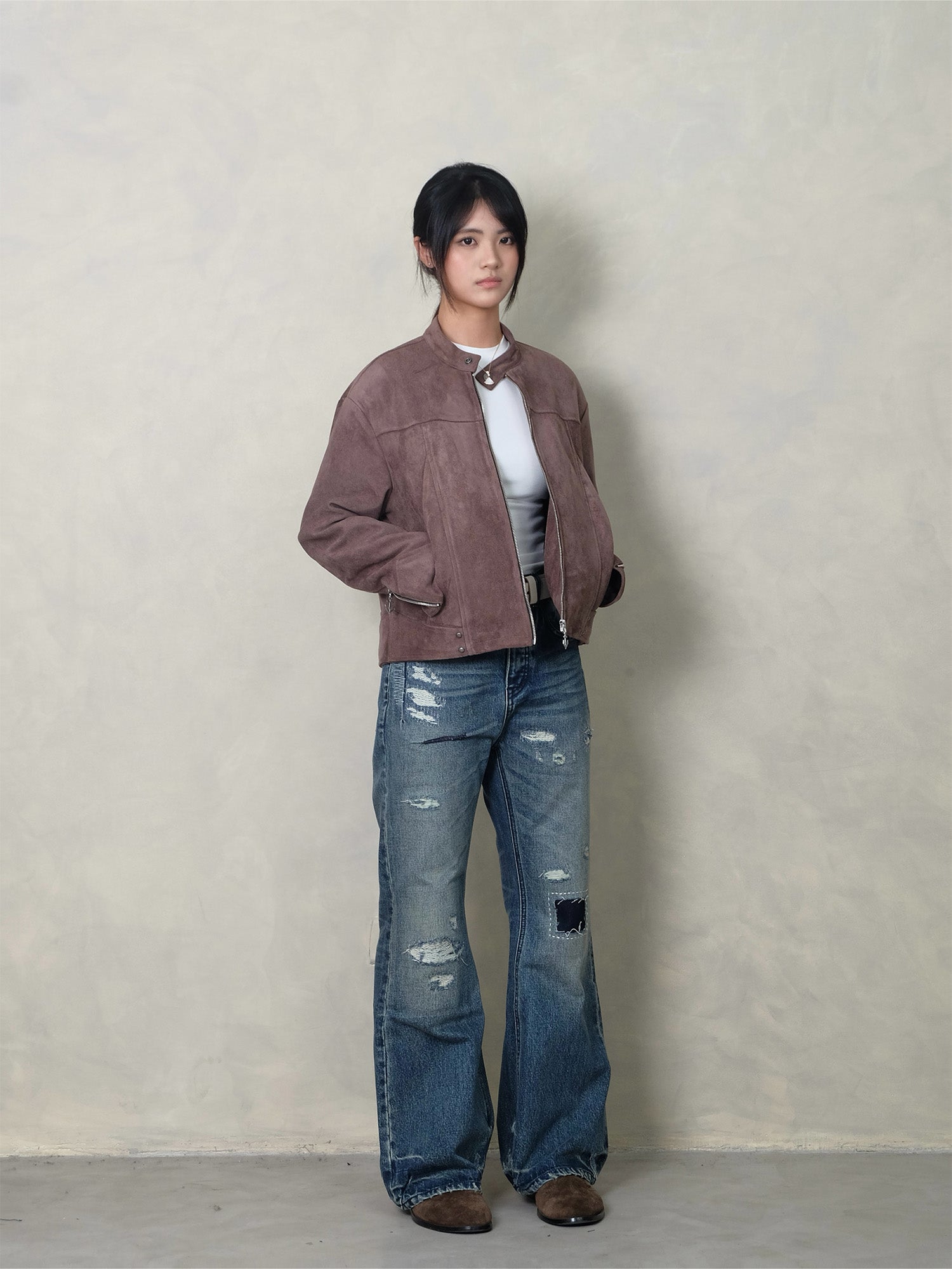 IN EXISTENCE Paneled Faux Suede Rivet Biker Jacket