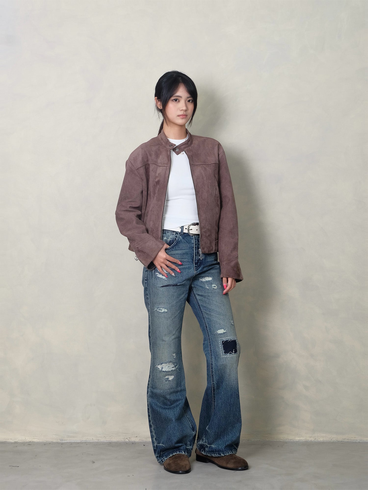 IN EXISTENCE Distressed Stitched Patch Flared Jeans