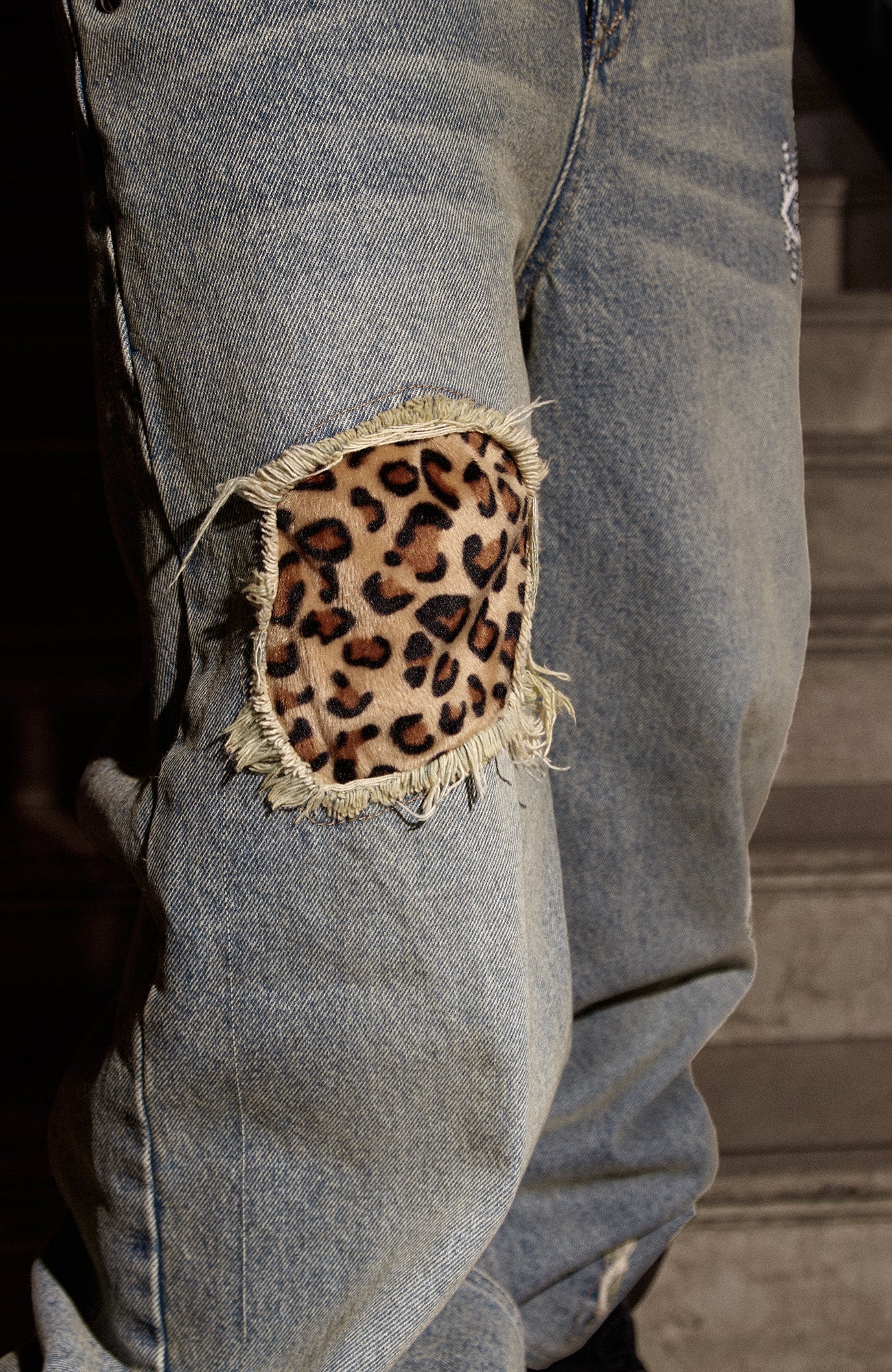 PHANTOMHUNTER Washed Leopard Patch Baggy Jeans, premium urban and streetwear designers apparel on PROJECTISR.com, PHANTOMHUNTER