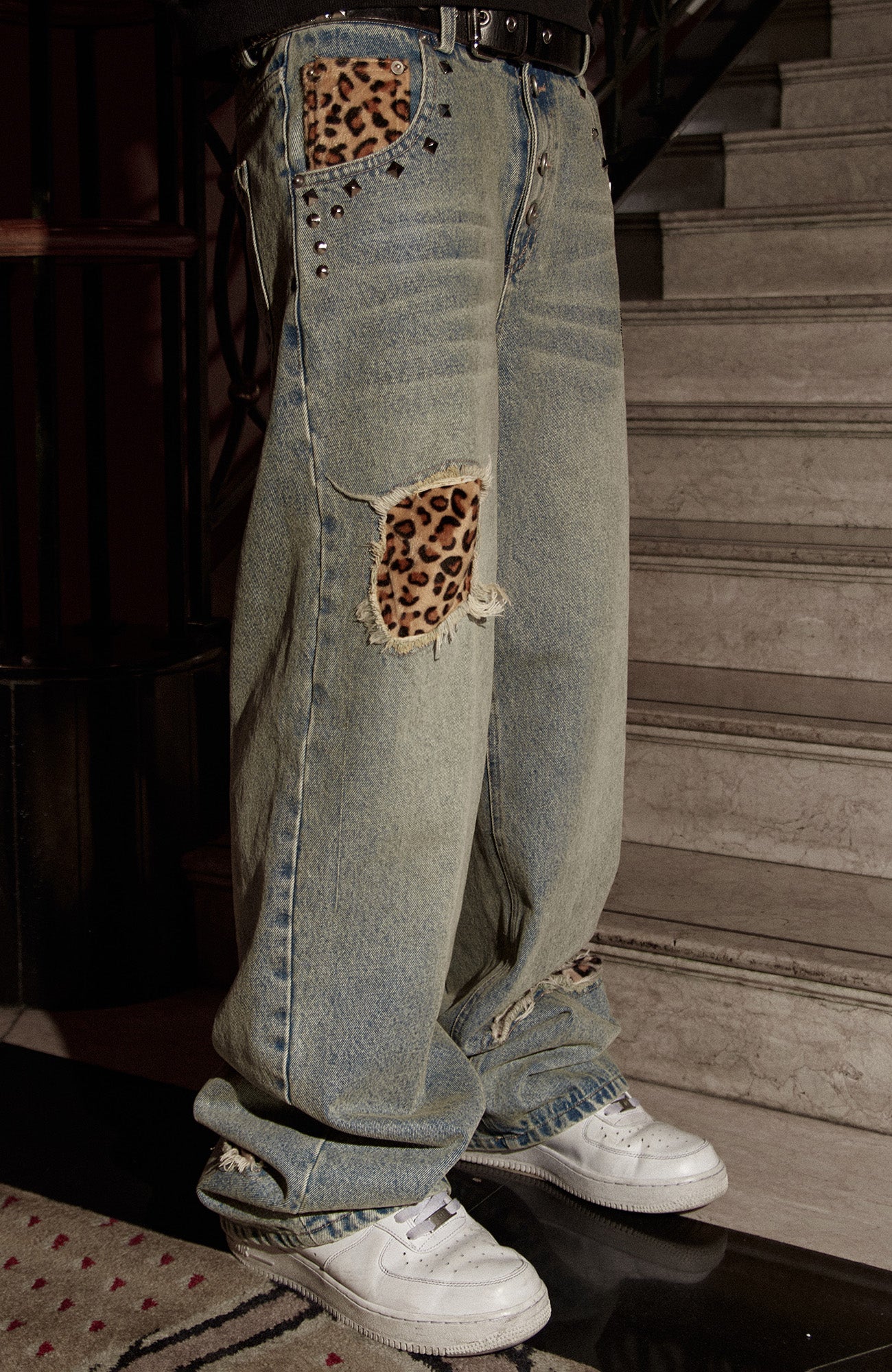 PHANTOMHUNTER Washed Leopard Patch Baggy Jeans, premium urban and streetwear designers apparel on PROJECTISR.com, PHANTOMHUNTER