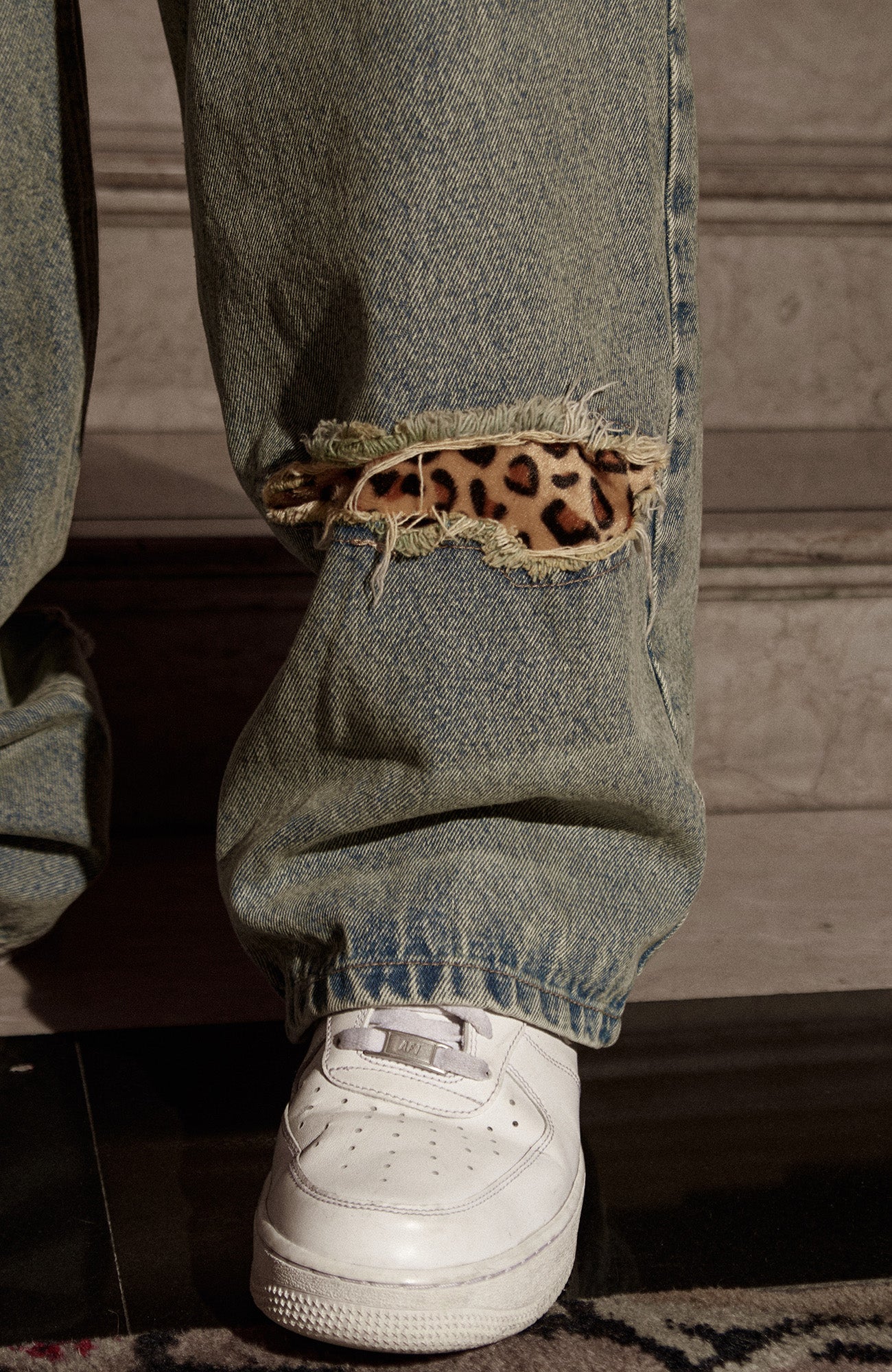 PHANTOMHUNTER Washed Leopard Patch Baggy Jeans, premium urban and streetwear designers apparel on PROJECTISR.com, PHANTOMHUNTER