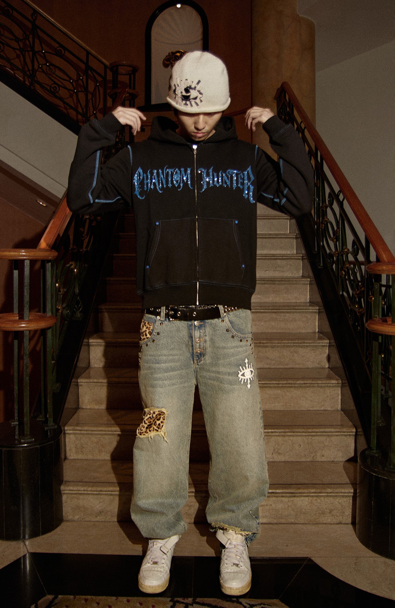 PHANTOMHUNTER Washed Leopard Patch Baggy Jeans, premium urban and streetwear designers apparel on PROJECTISR.com, PHANTOMHUNTER