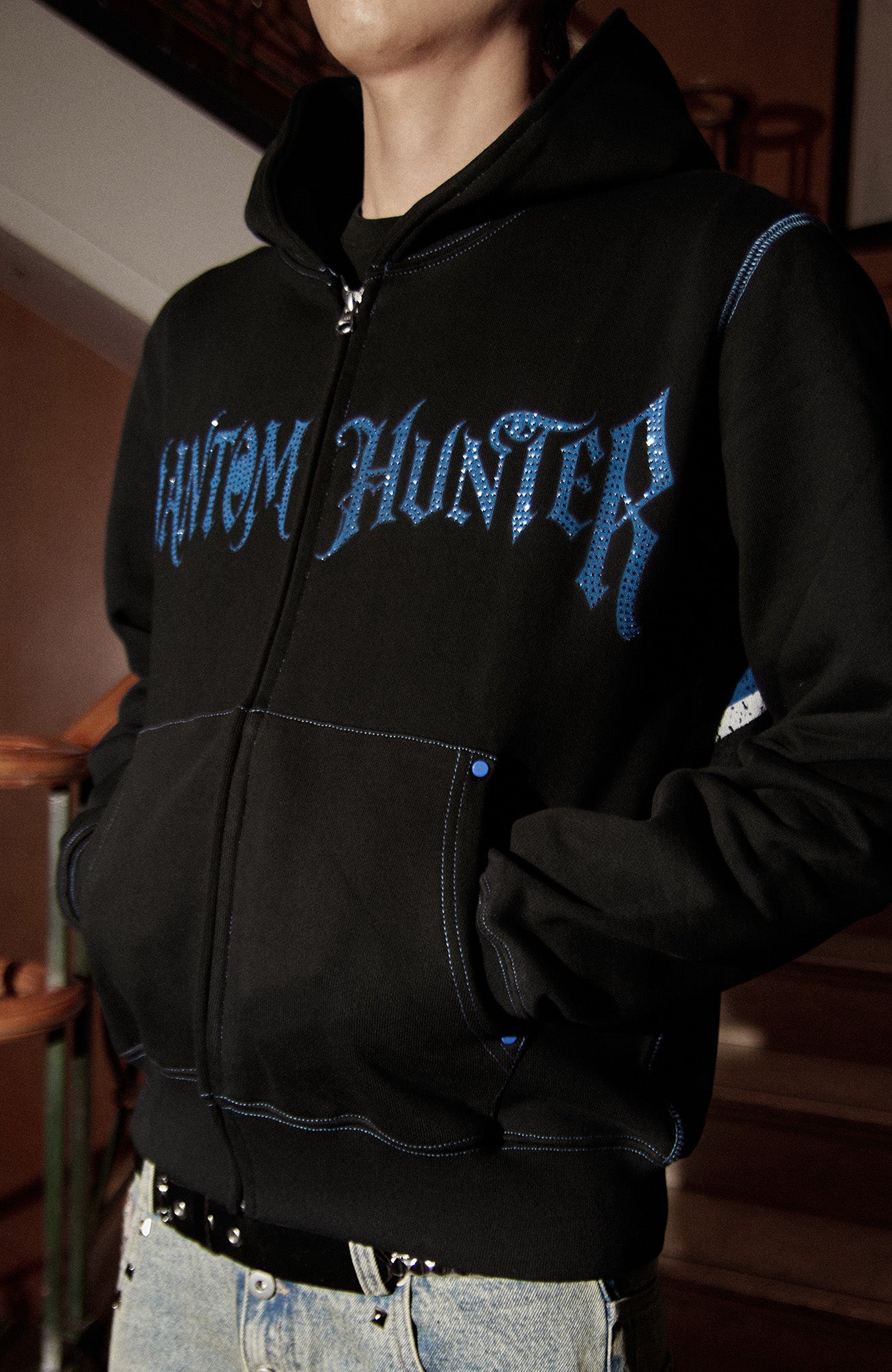 PHANTOMHUNTER Diamond Graphic Cropped Zip Hoodie, premium urban and streetwear designers apparel on PROJECTISR.com, PHANTOMHUNTER