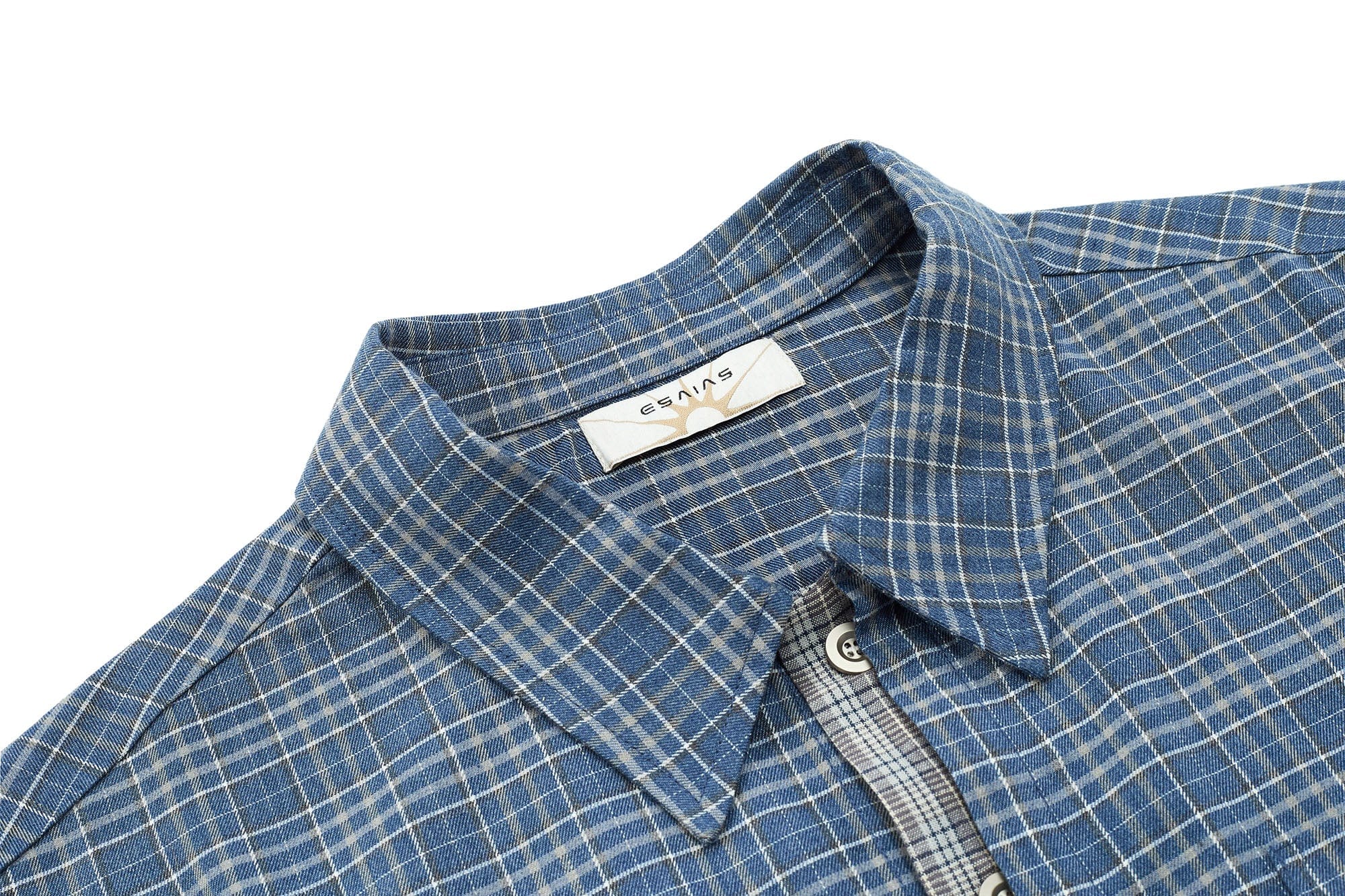 ESAIAS Plaid Layered Raw-Edge Half Shirt Blue, premium urban and streetwear designers apparel on PROJECTISR.com, ESAIAS