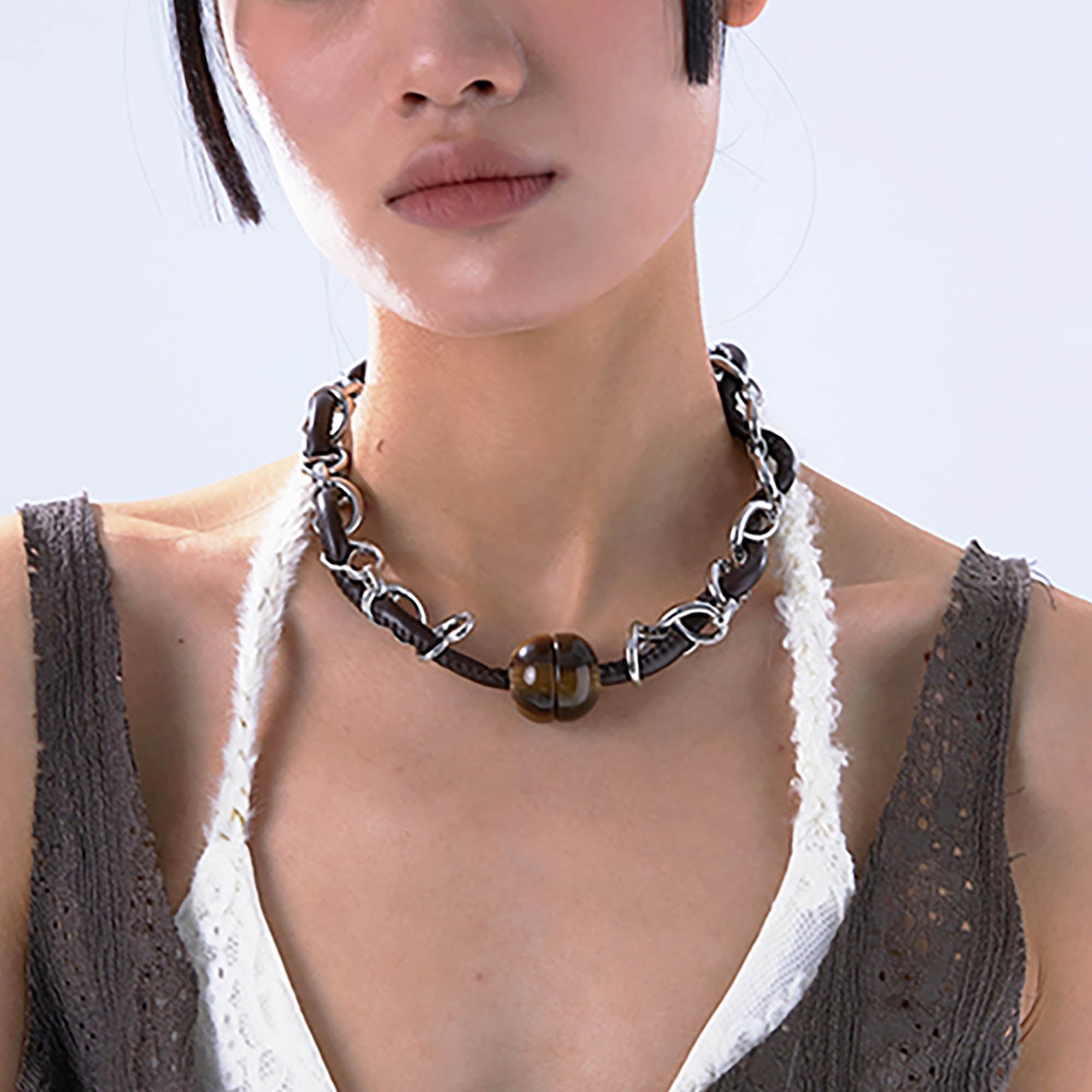 SCHWARZGOLD Leather Cord & Chain Snap Bead Necklace, premium urban and streetwear designers apparel on PROJECTISR.com, SCHWARZGOLD