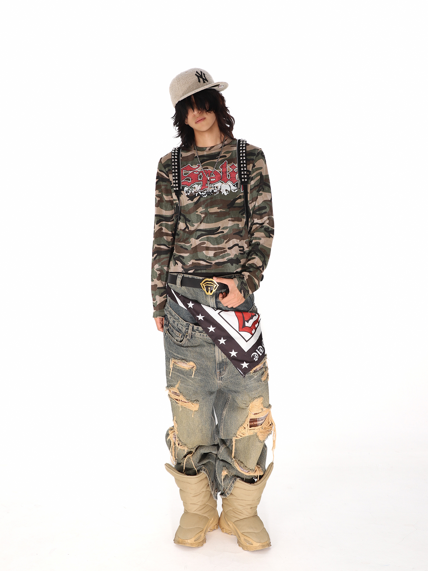 THEWET Camo Skull Graphic Waffle Long-Sleeve Tee