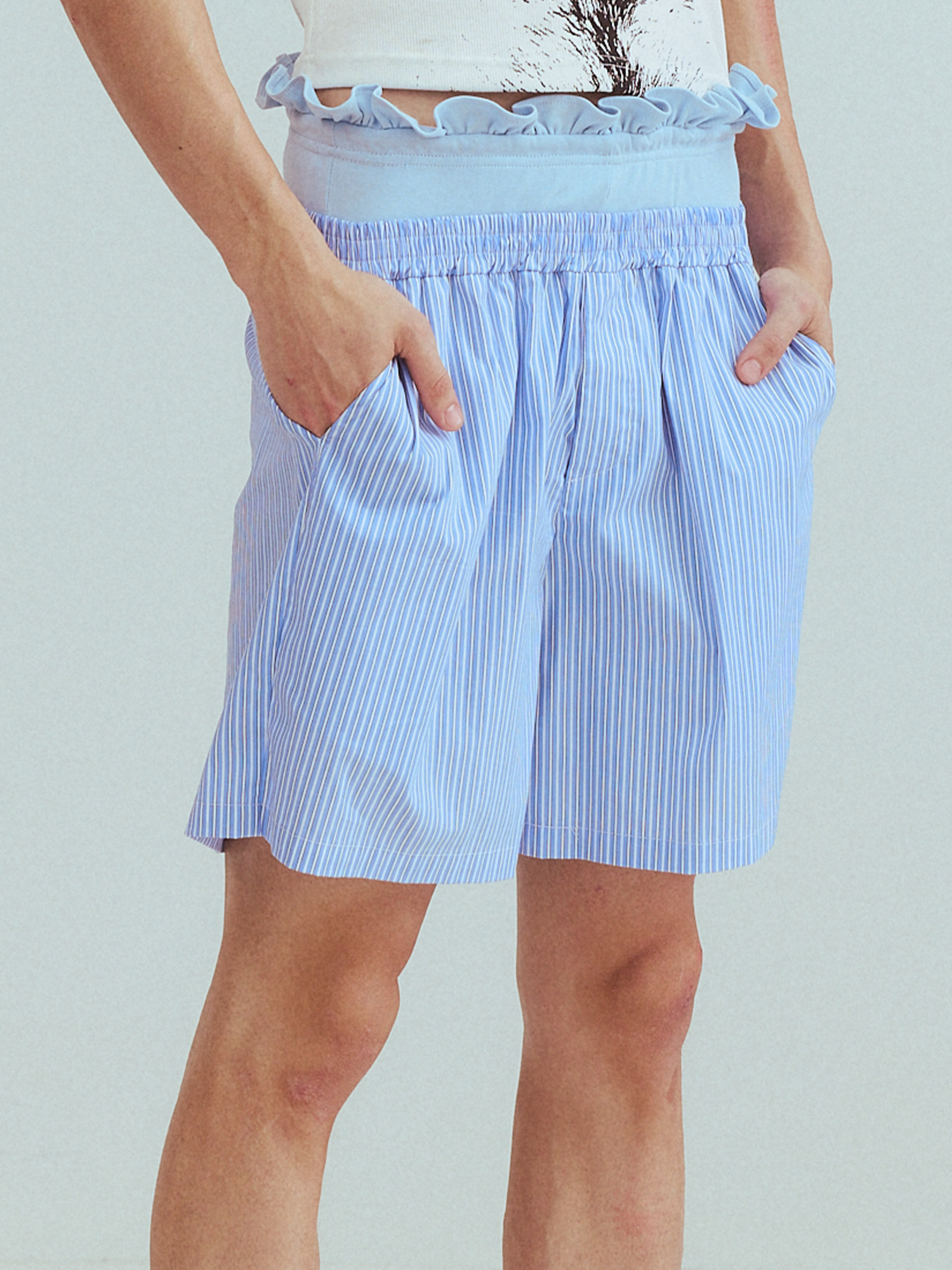 KADAKADA Retro Striped Ruffle-Waist Layered Shorts, premium urban and streetwear designers apparel on PROJECTISR.com, KADAKADA