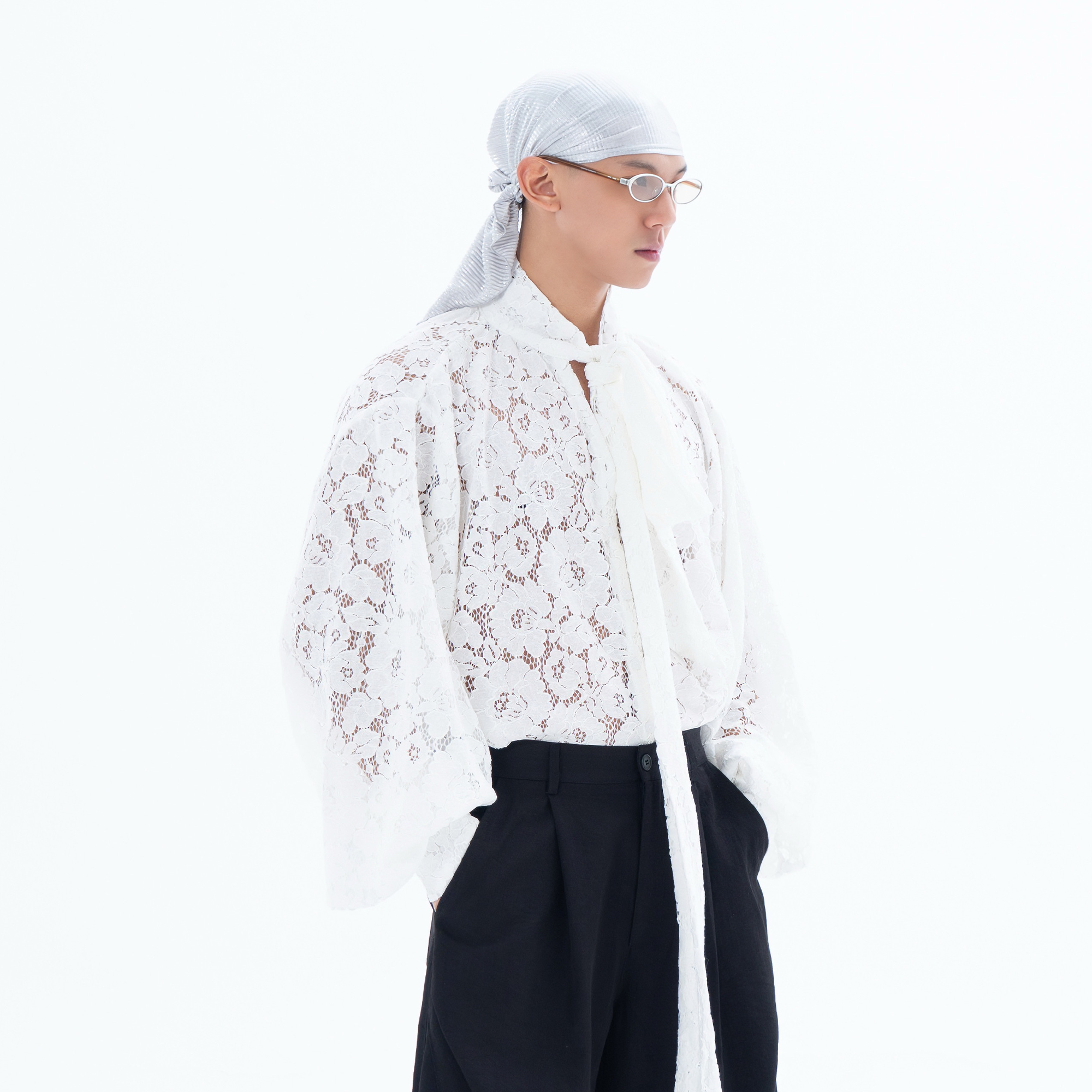 CLP Floral Lace Tie-Neck Shirt