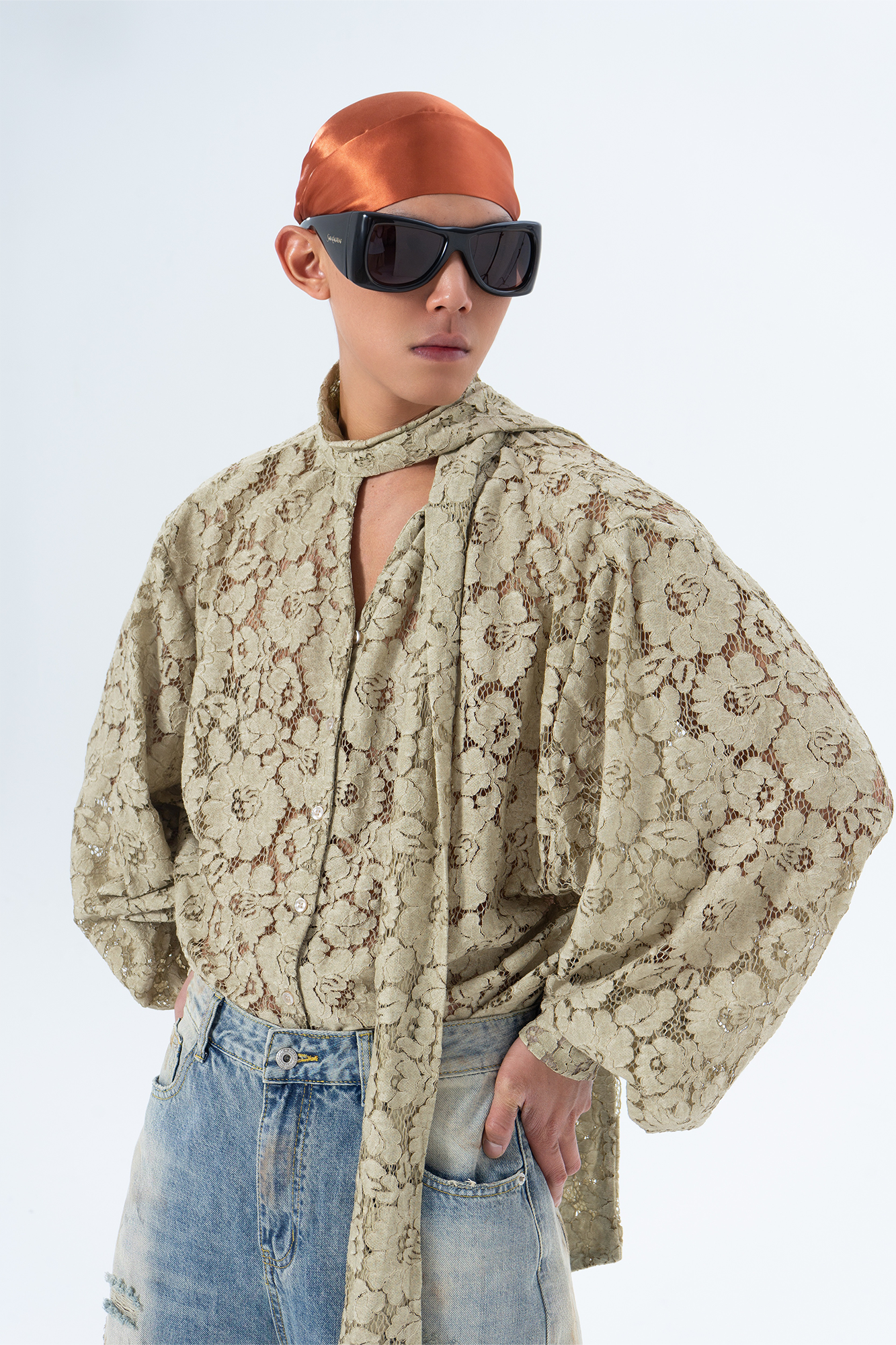 CLP Floral Lace Tie-Neck Shirt