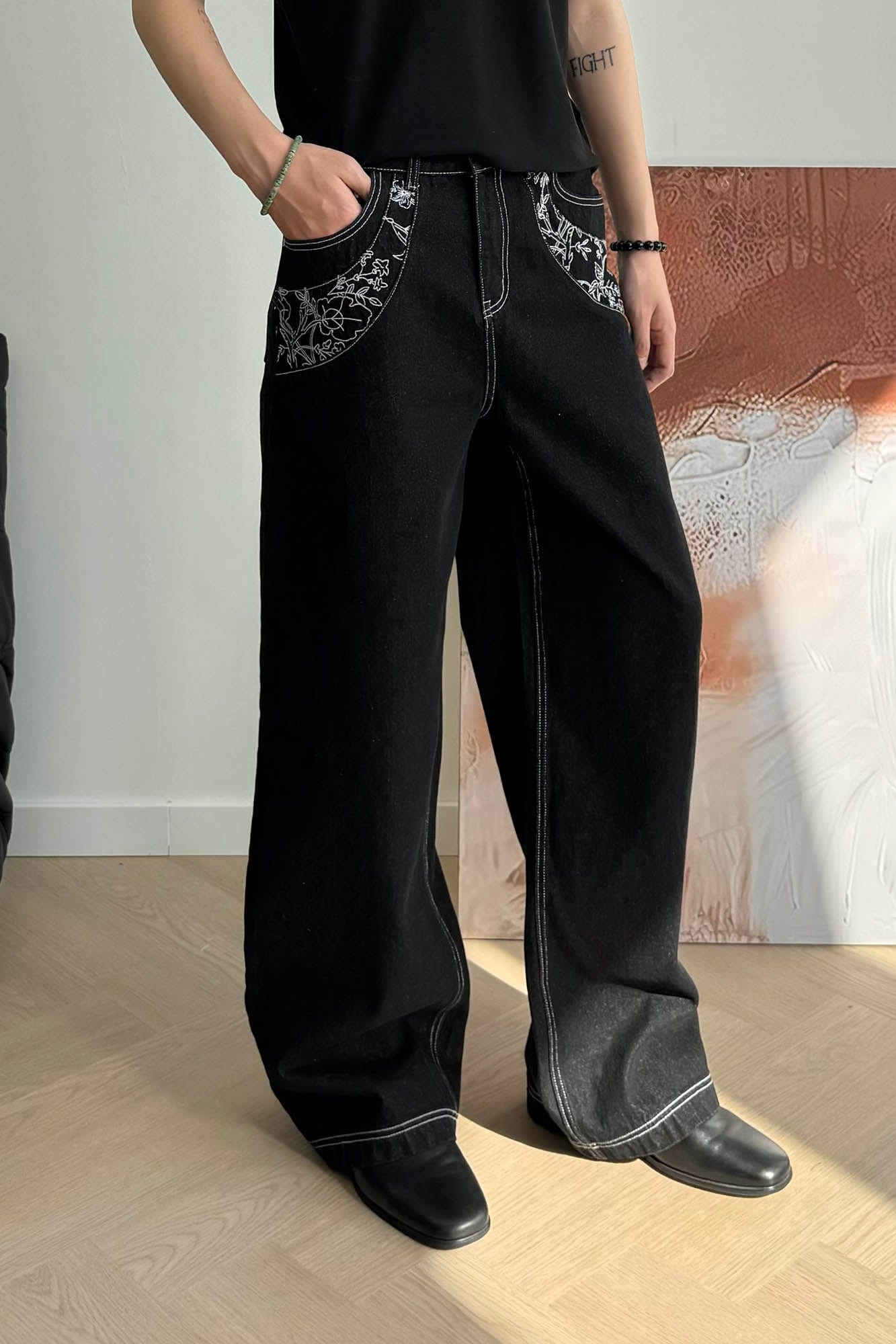 KREATE Floral Embroidered Spliced Wide-Leg Jeans, premium urban and streetwear designers apparel on PROJECTISR.com, KREATE