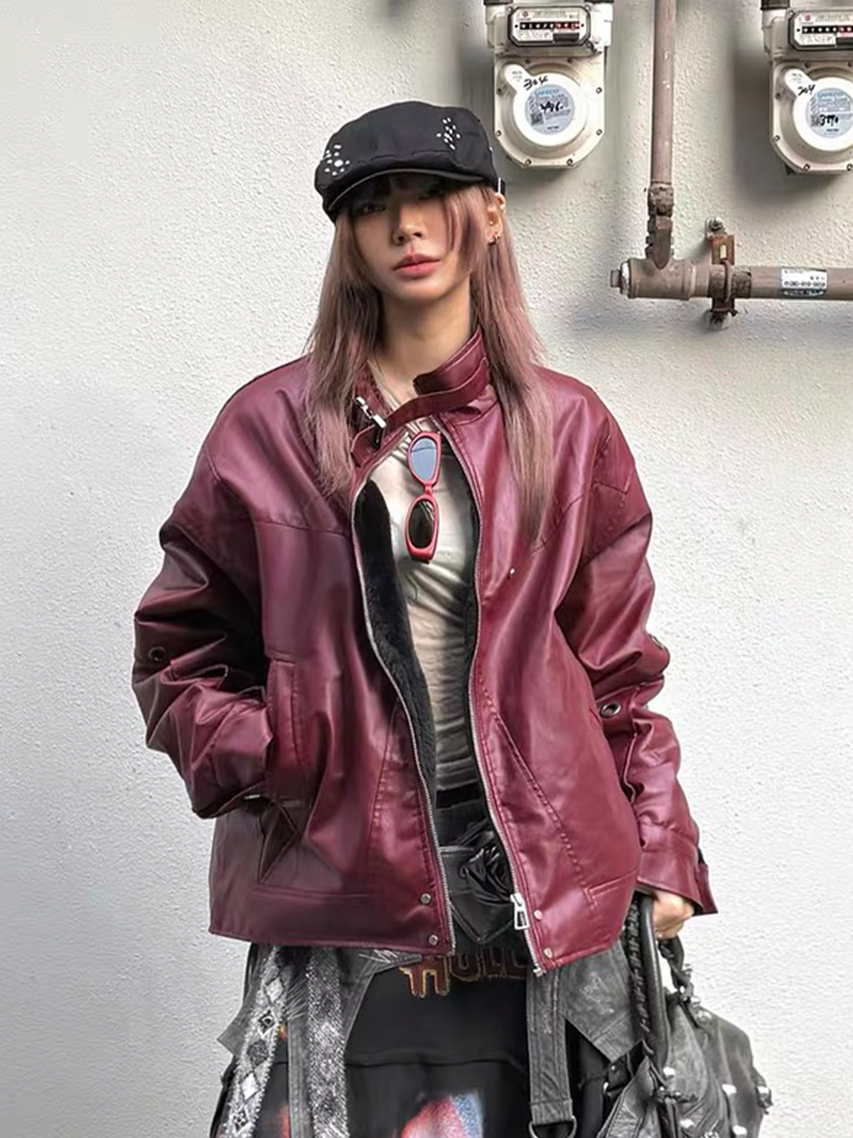 REMODUTION Faux Leather Stand-Collar Jacket