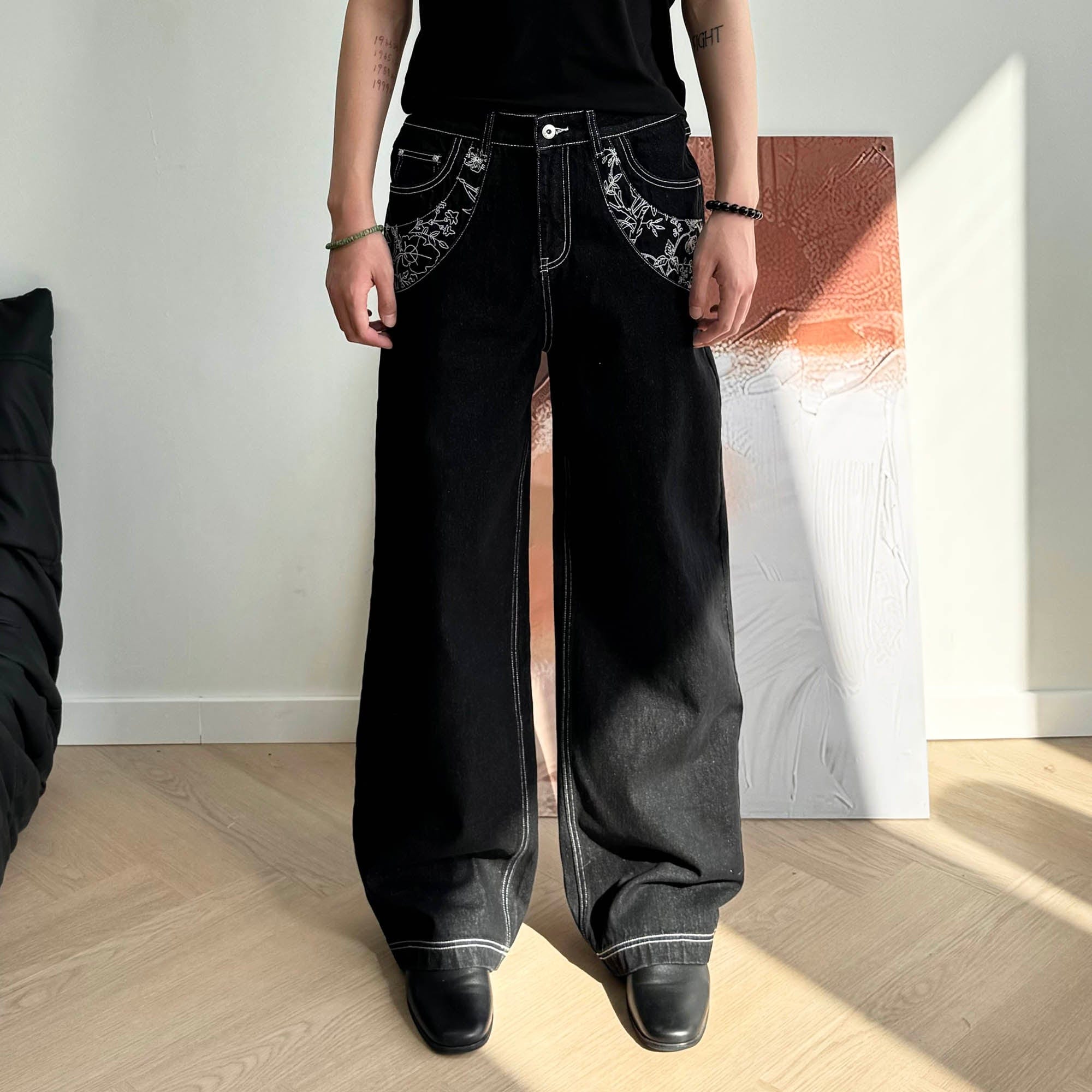 KREATE Floral Embroidered Spliced Wide-Leg Jeans, premium urban and streetwear designers apparel on PROJECTISR.com, KREATE