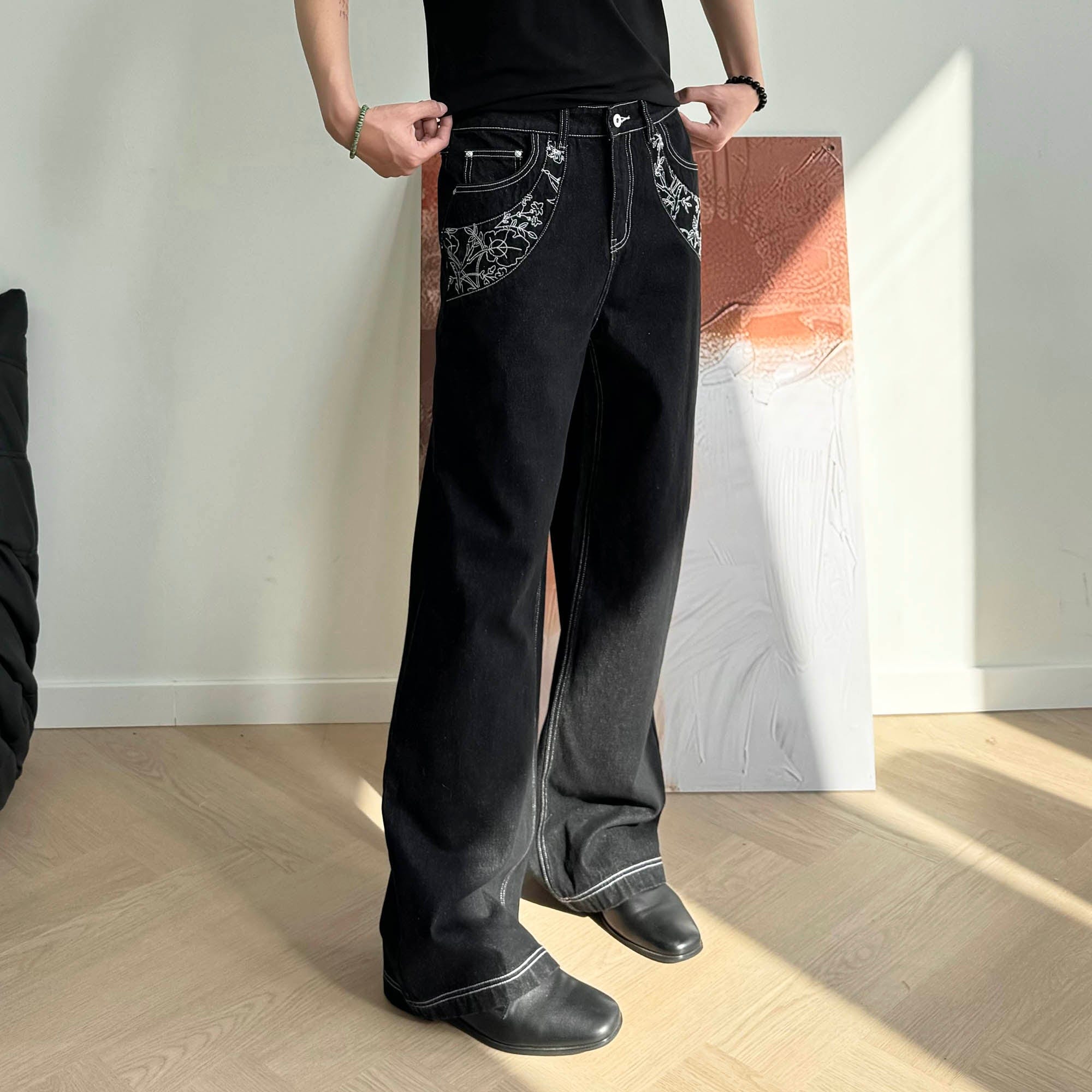 KREATE Floral Embroidered Spliced Wide-Leg Jeans, premium urban and streetwear designers apparel on PROJECTISR.com, KREATE