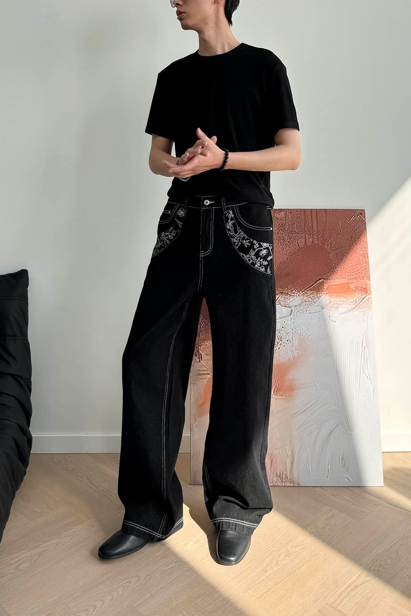 KREATE Floral Embroidered Spliced Wide-Leg Jeans, premium urban and streetwear designers apparel on PROJECTISR.com, KREATE