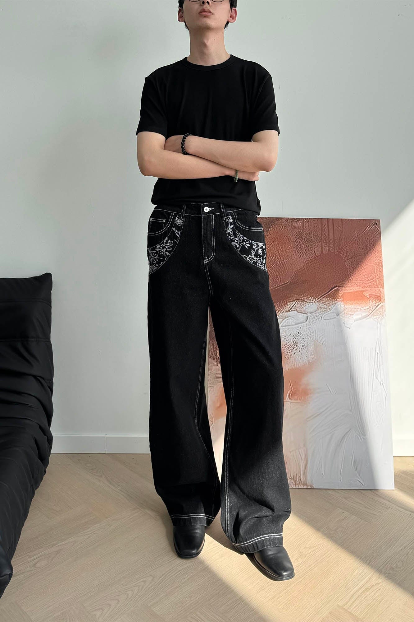 KREATE Floral Embroidered Spliced Wide-Leg Jeans, premium urban and streetwear designers apparel on PROJECTISR.com, KREATE