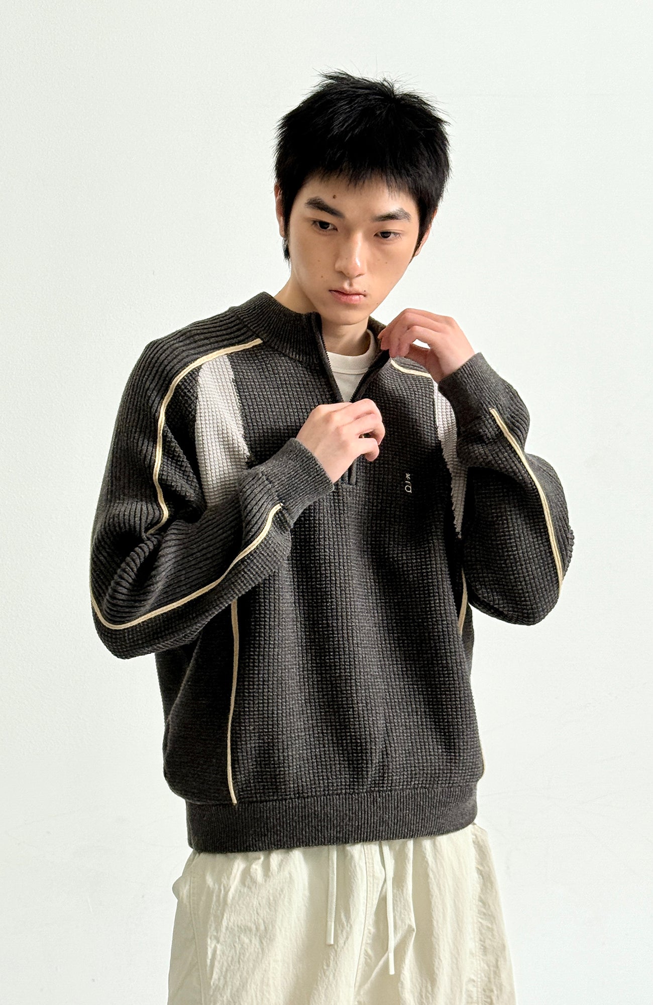 ROARINGWILD A ARCH Contrast Panel Raglan Half-Zip Sweater