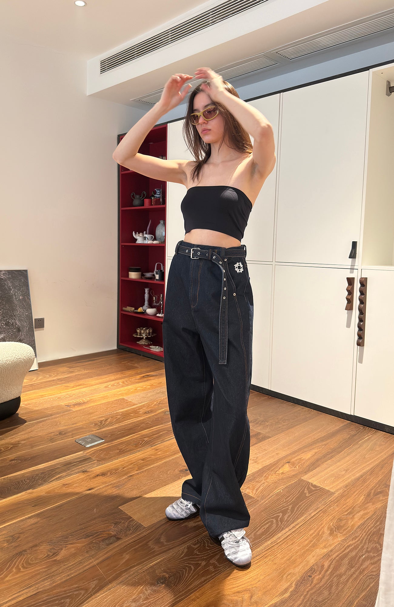 MIICHOUS Belted Curved-Leg Embroidered Raw Denim, premium urban and streetwear designers apparel on PROJECTISR.com, MIICHOUS