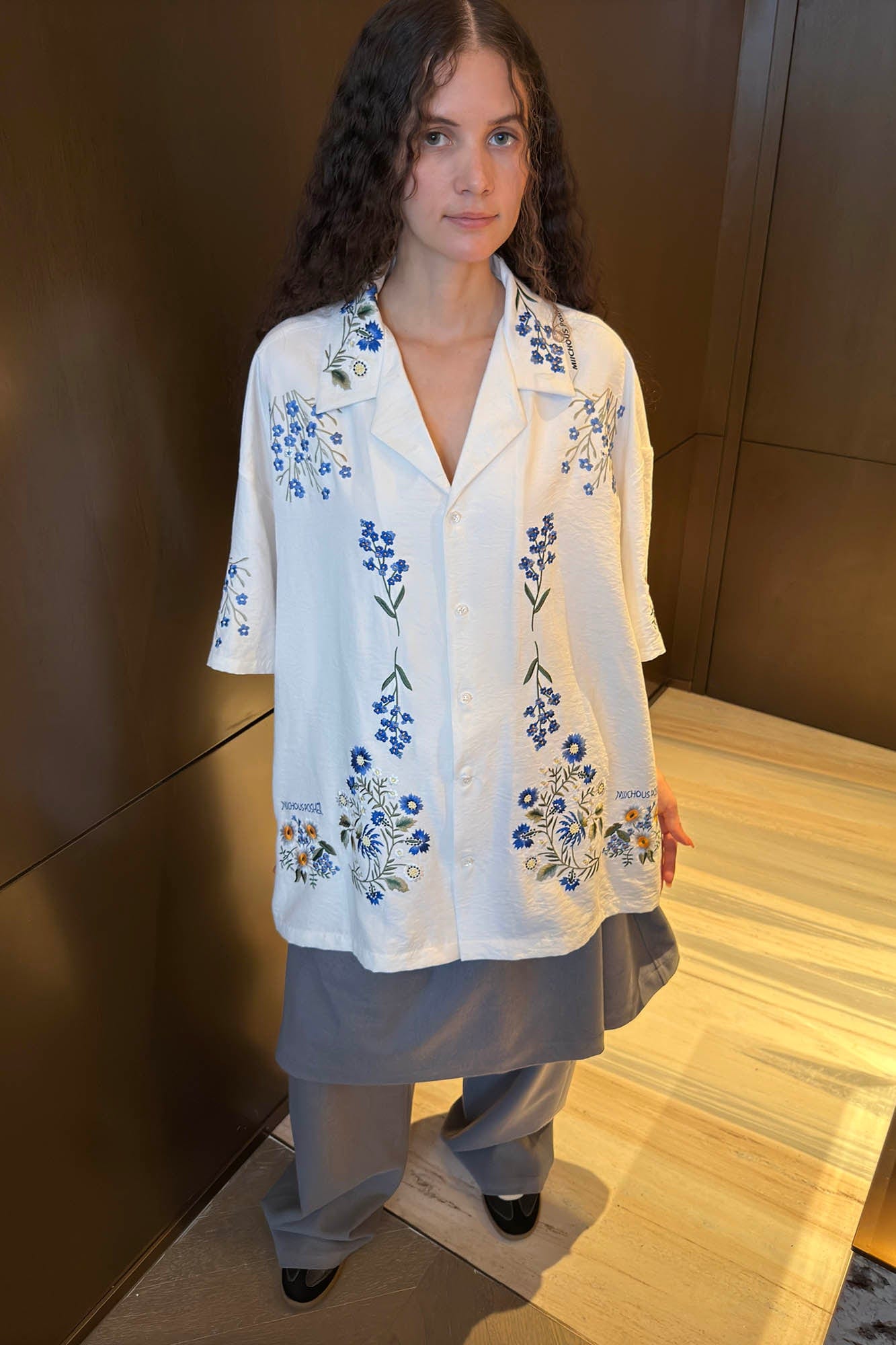 MIICHOUS Floral Embroidered Cuban Half Shirt