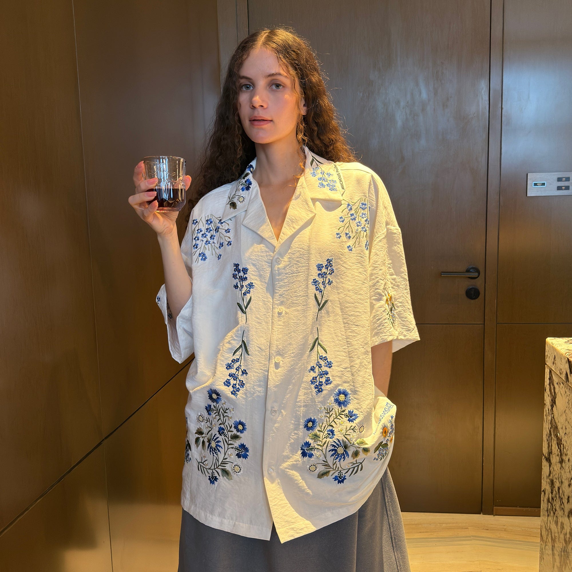 MIICHOUS Floral Embroidered Cuban Half Shirt
