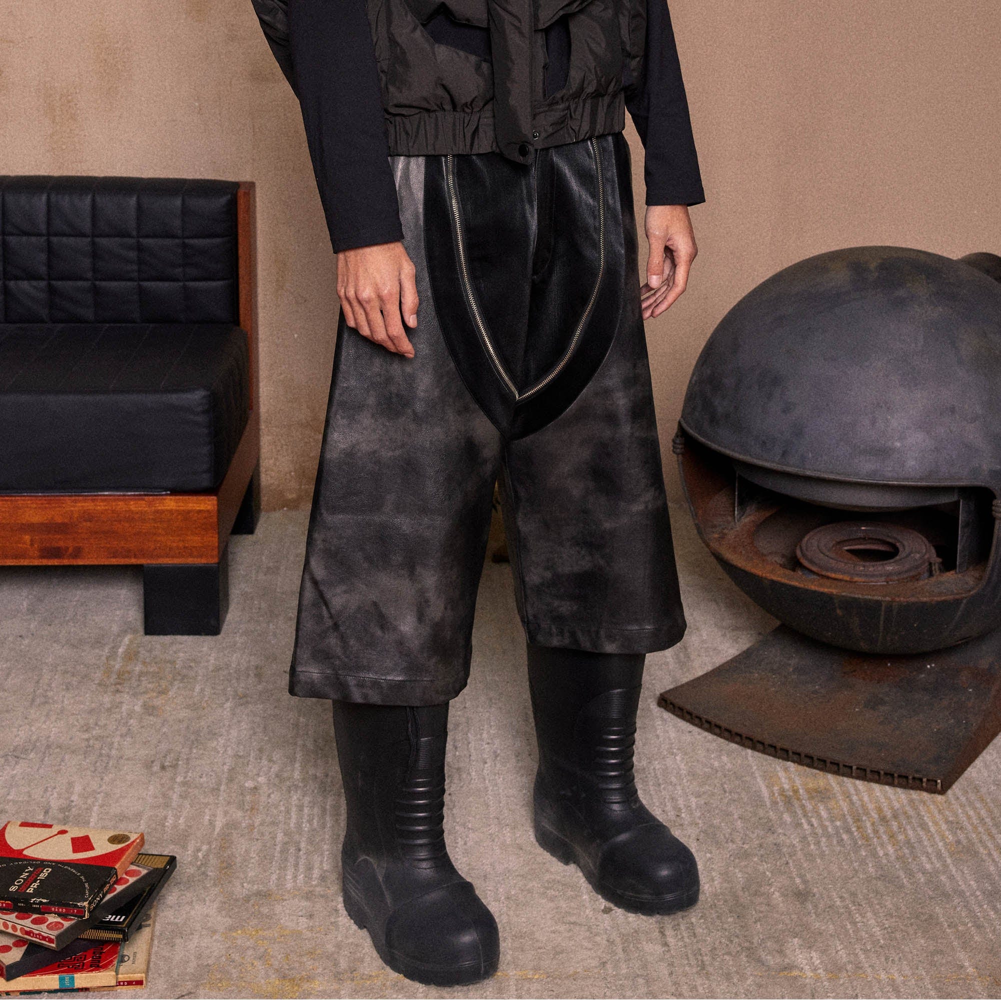 KADAKADA Distressed Curved Zipper PU Oversized Shorts, premium urban and streetwear designers apparel on PROJECTISR.com, KADAKADA