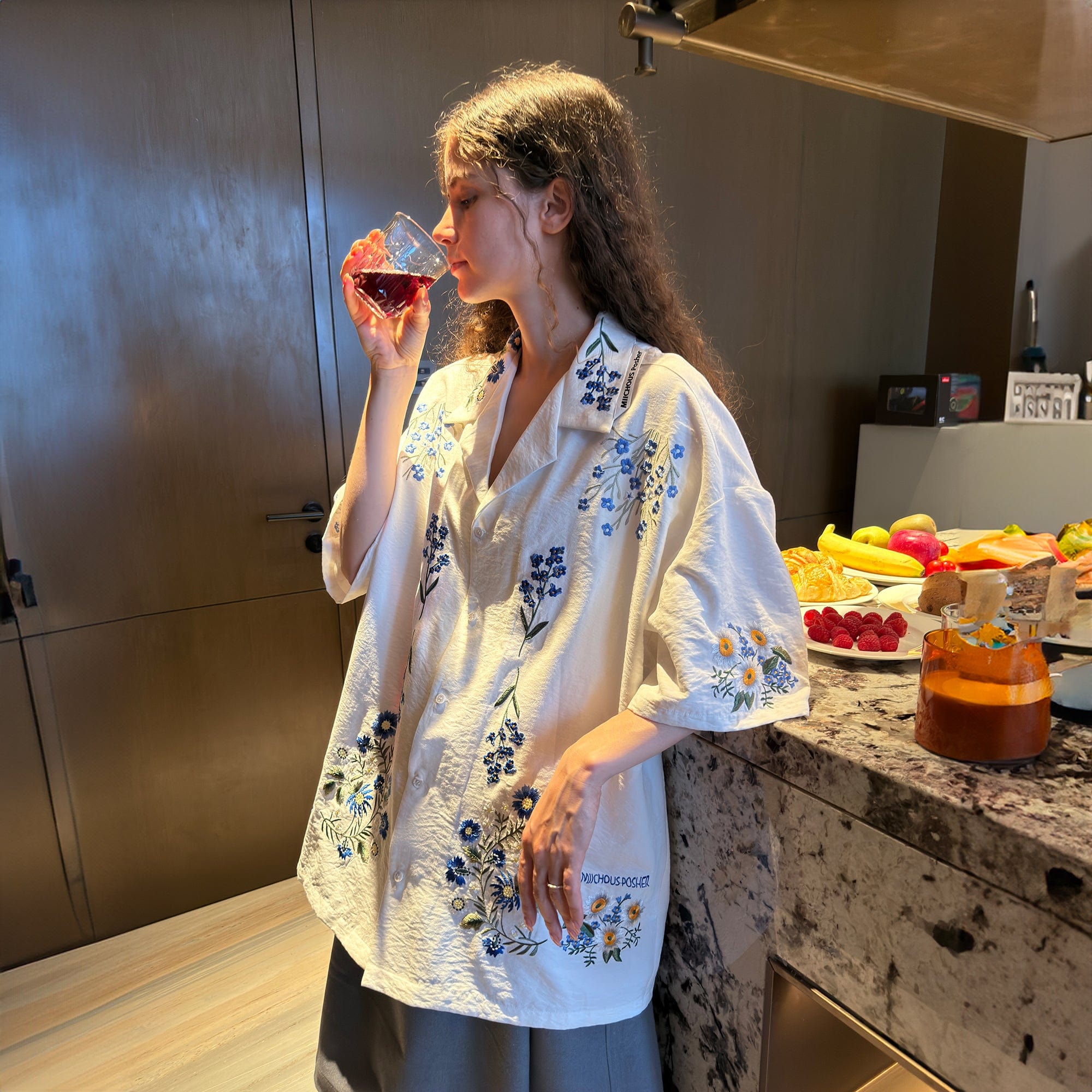 MIICHOUS Floral Embroidered Cuban Half Shirt