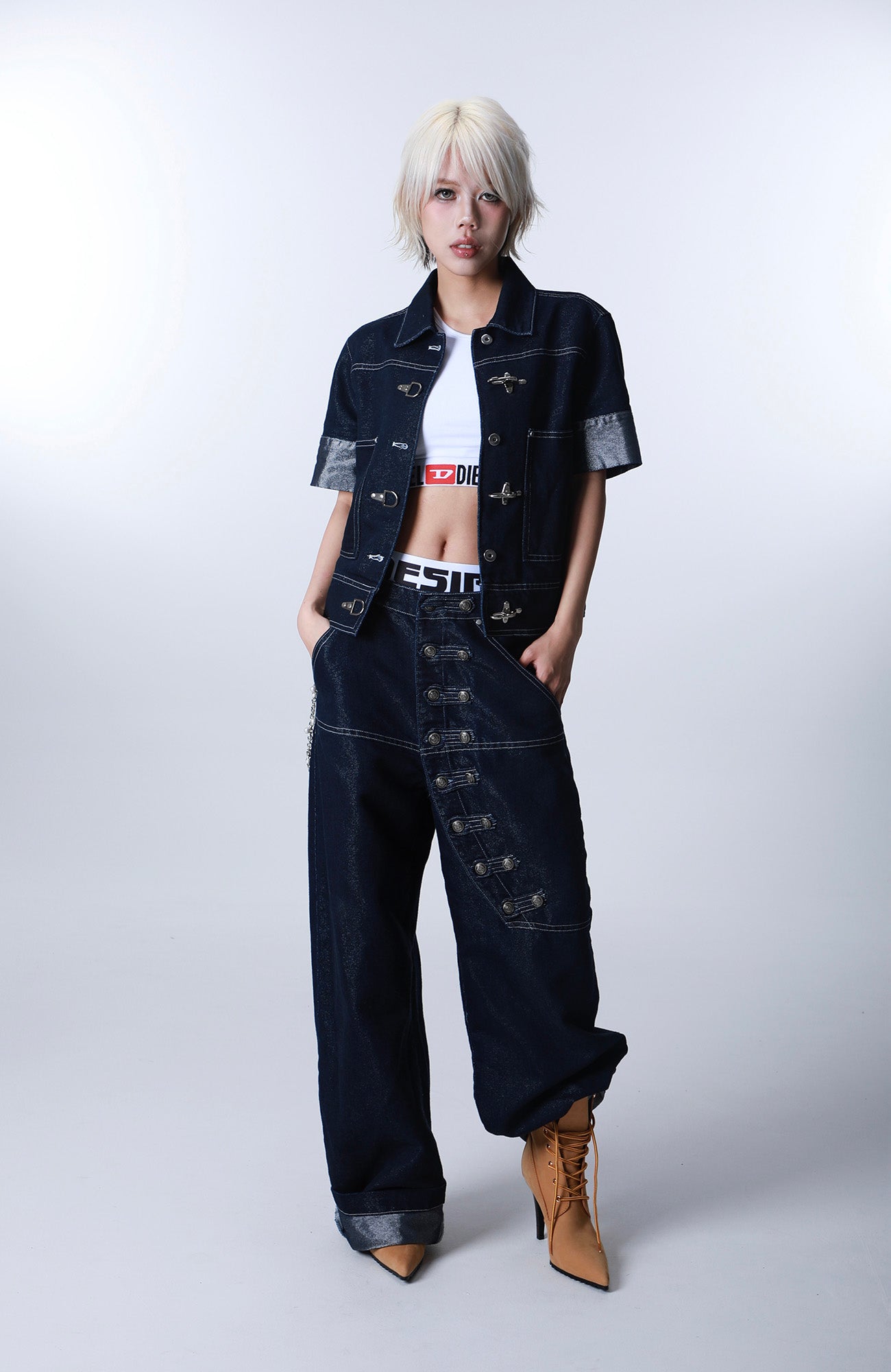 SEXXDEVIL Silver Thread Stand-Collar Raw Denim Jacket