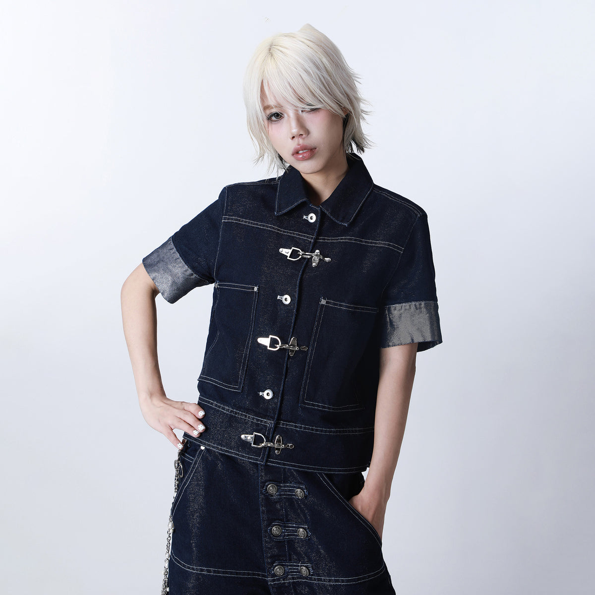SEXXDEVIL Silver Thread Stand-Collar Raw Denim Jacket