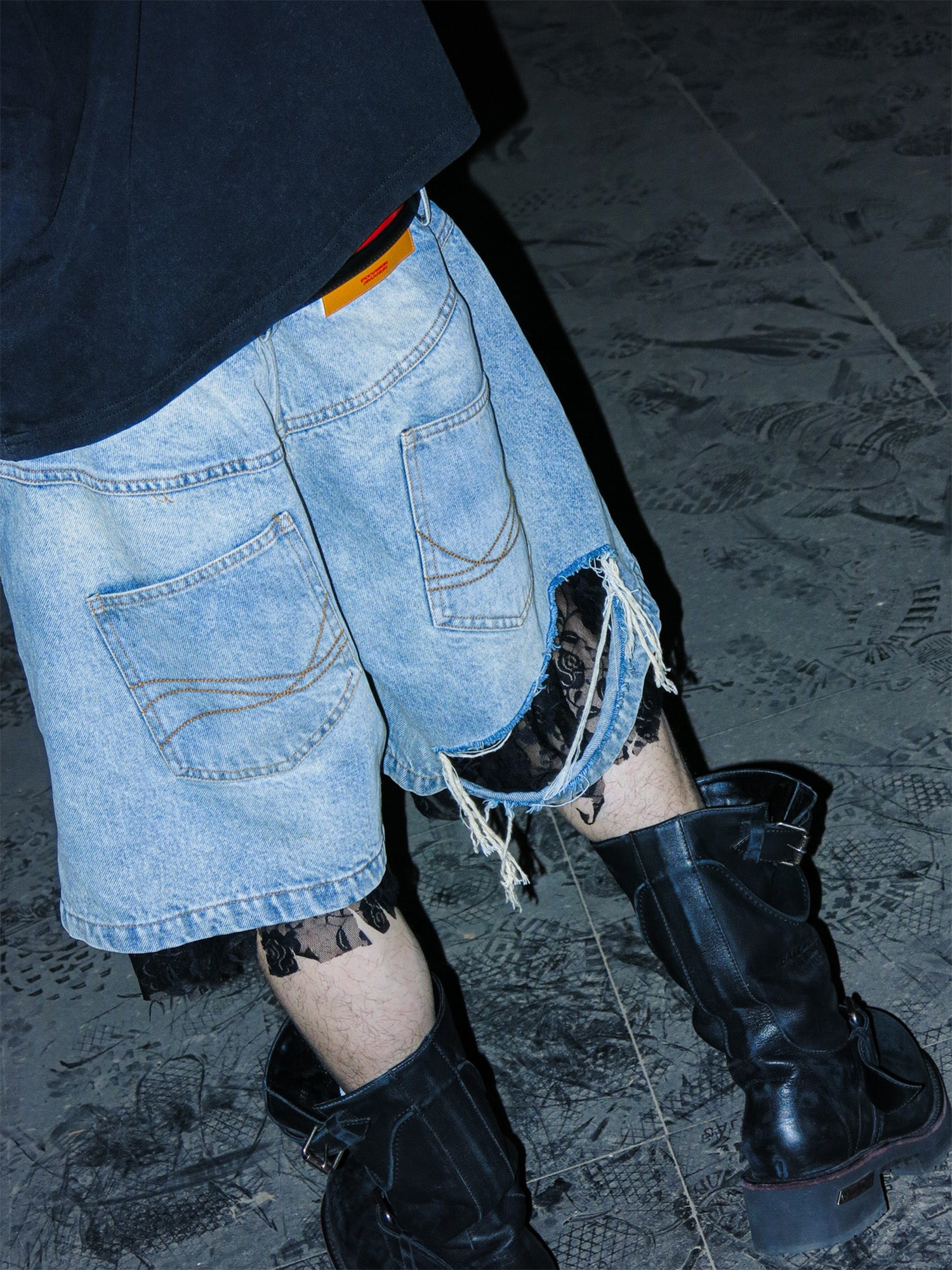 PCCVISION Lace-Spliced Denim Shorts, premium urban and streetwear designers apparel on PROJECTISR.com, PCCVISION