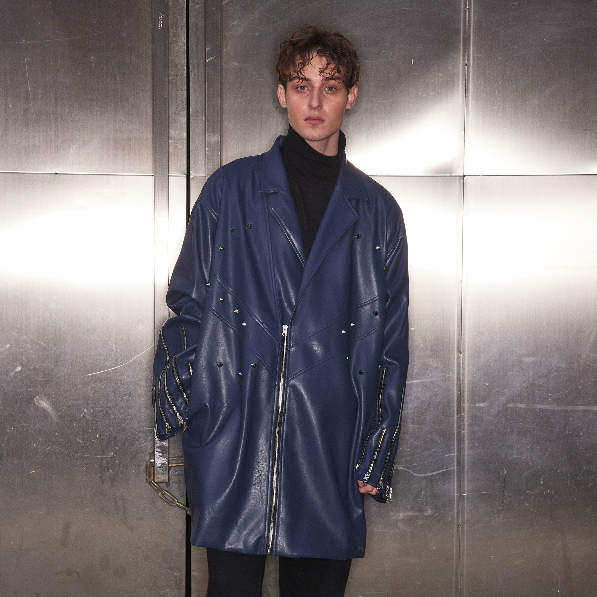 KADAKADA Zipper-Sleeve Rivet Oversized PU Coat, premium urban and streetwear designers apparel on PROJECTISR.com, KADAKADA