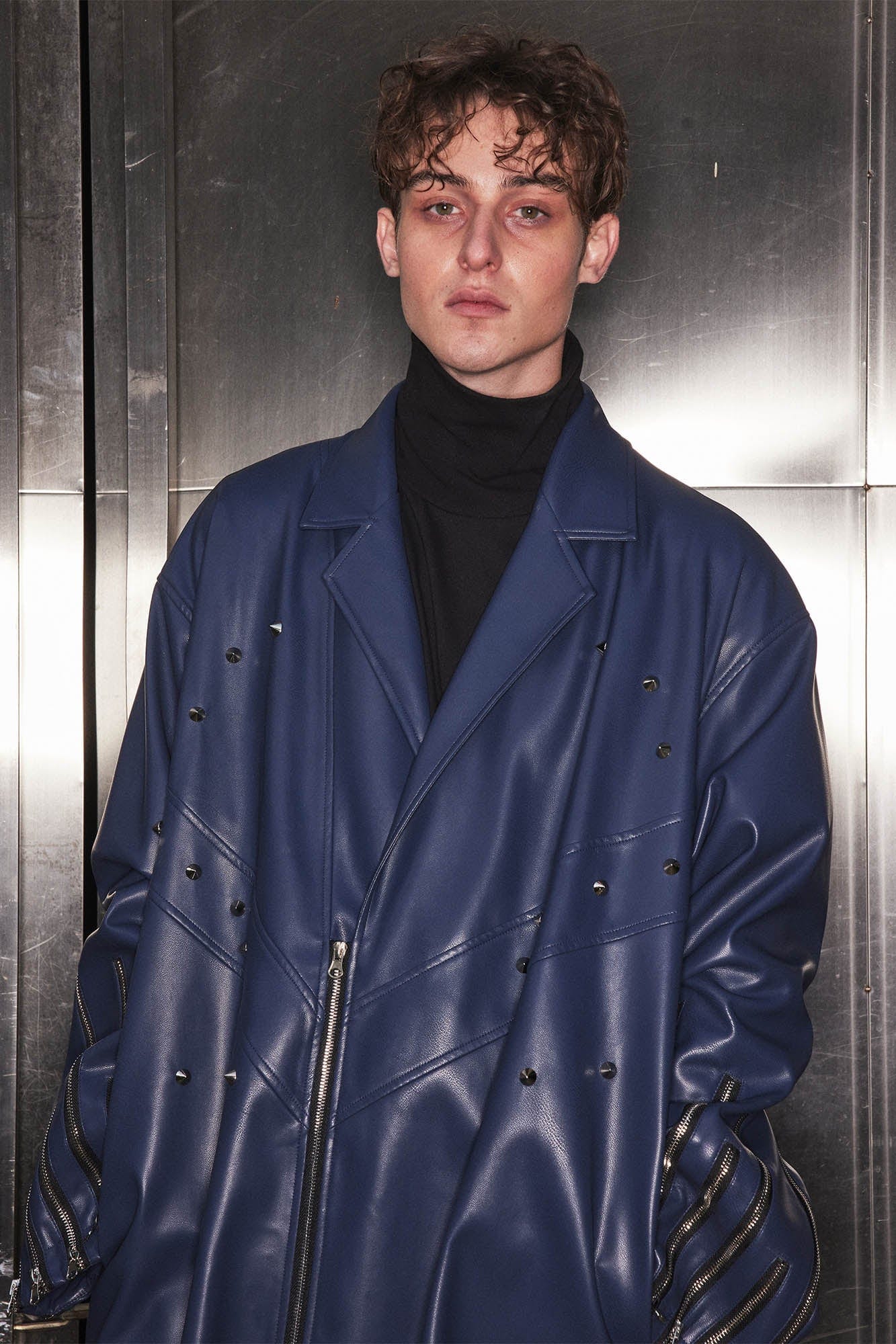 KADAKADA Zipper-Sleeve Rivet Oversized PU Coat, premium urban and streetwear designers apparel on PROJECTISR.com, KADAKADA