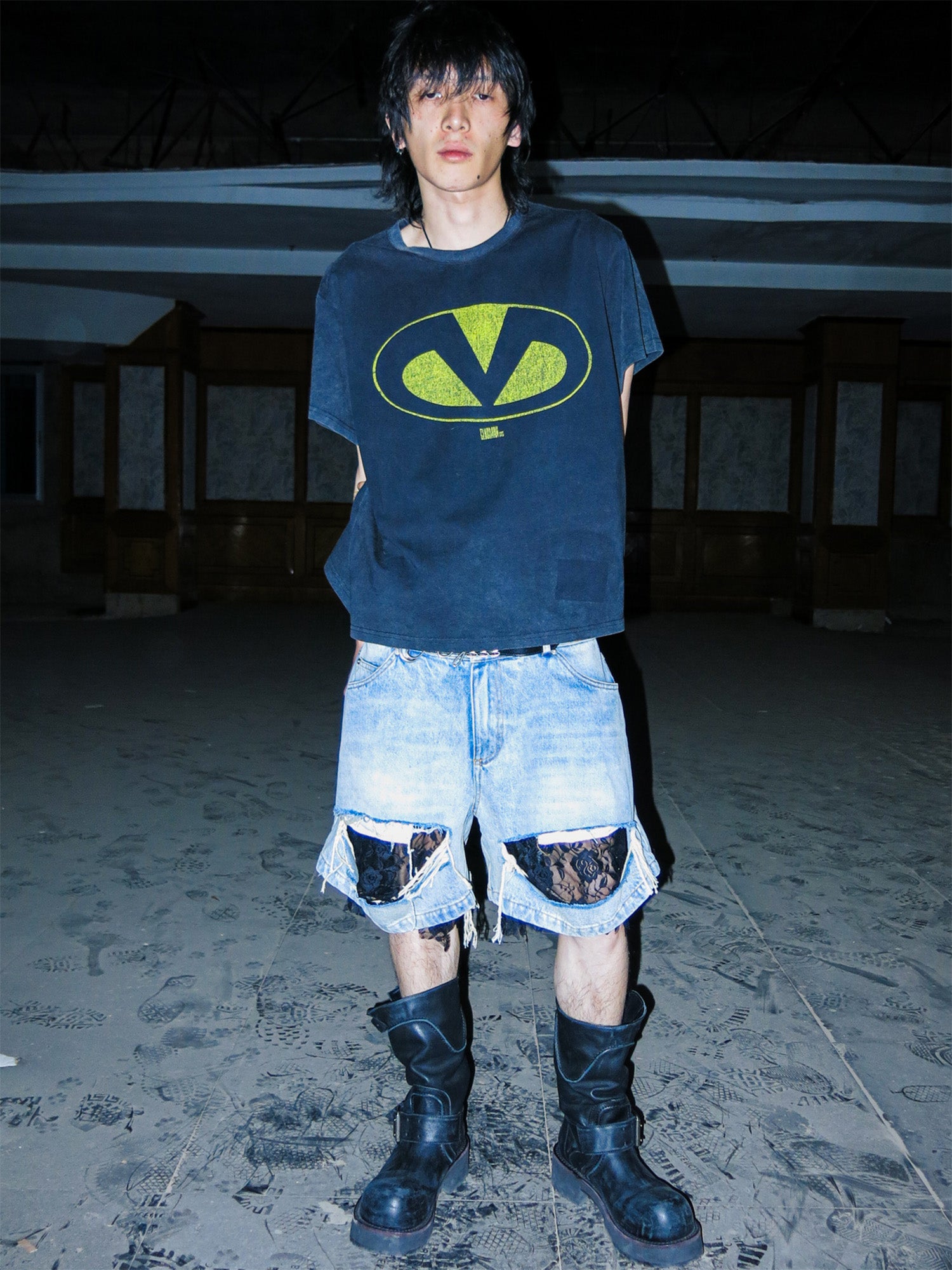 PCCVISION Lace-Spliced Denim Shorts, premium urban and streetwear designers apparel on PROJECTISR.com, PCCVISION