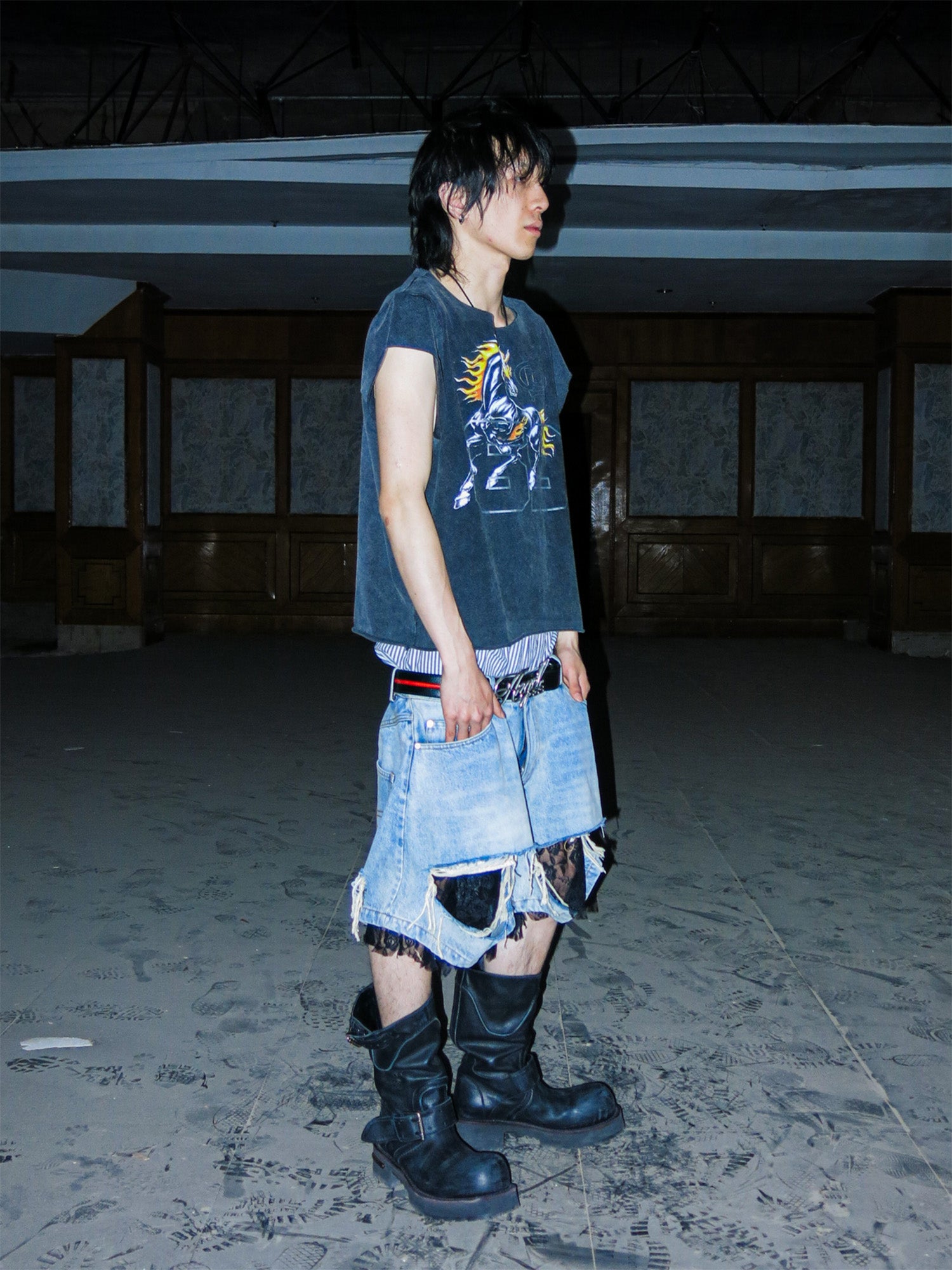 PCCVISION Lace-Spliced Denim Shorts, premium urban and streetwear designers apparel on PROJECTISR.com, PCCVISION