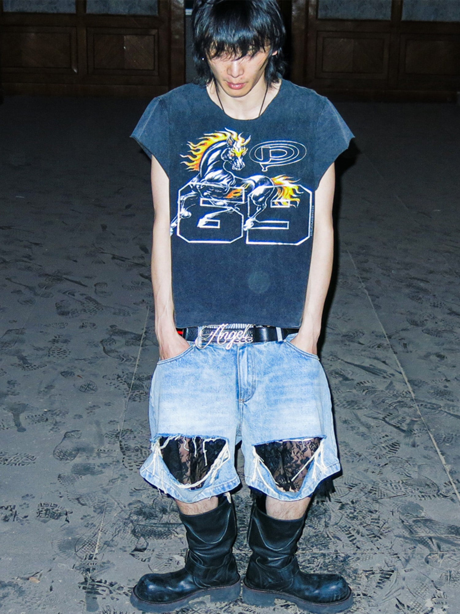 PCCVISION Lace-Spliced Denim Shorts, premium urban and streetwear designers apparel on PROJECTISR.com, PCCVISION