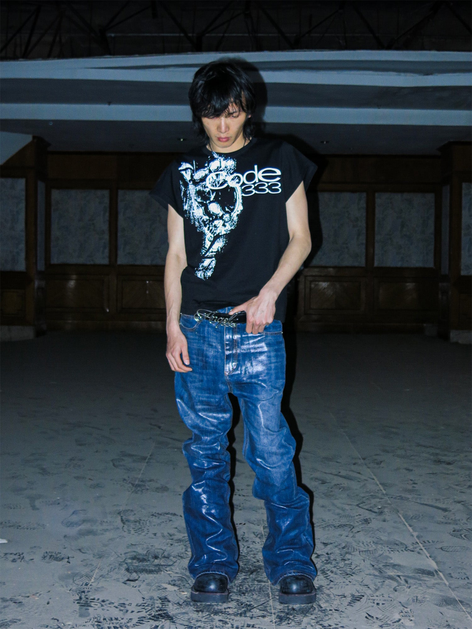 PCCVISION Resin-Coated Flared Jeans, premium urban and streetwear designers apparel on PROJECTISR.com, PCCVISION