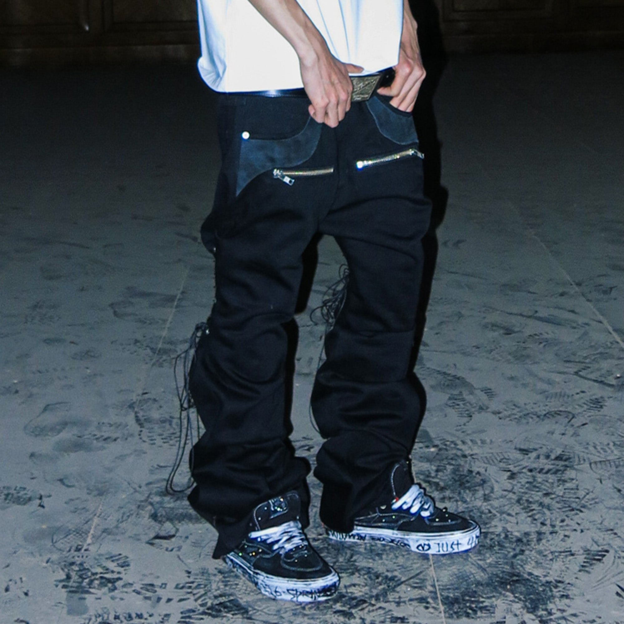 PCCVISION Lace-Up Zipper Flared Jeans, premium urban and streetwear designers apparel on PROJECTISR.com, PCCVISION