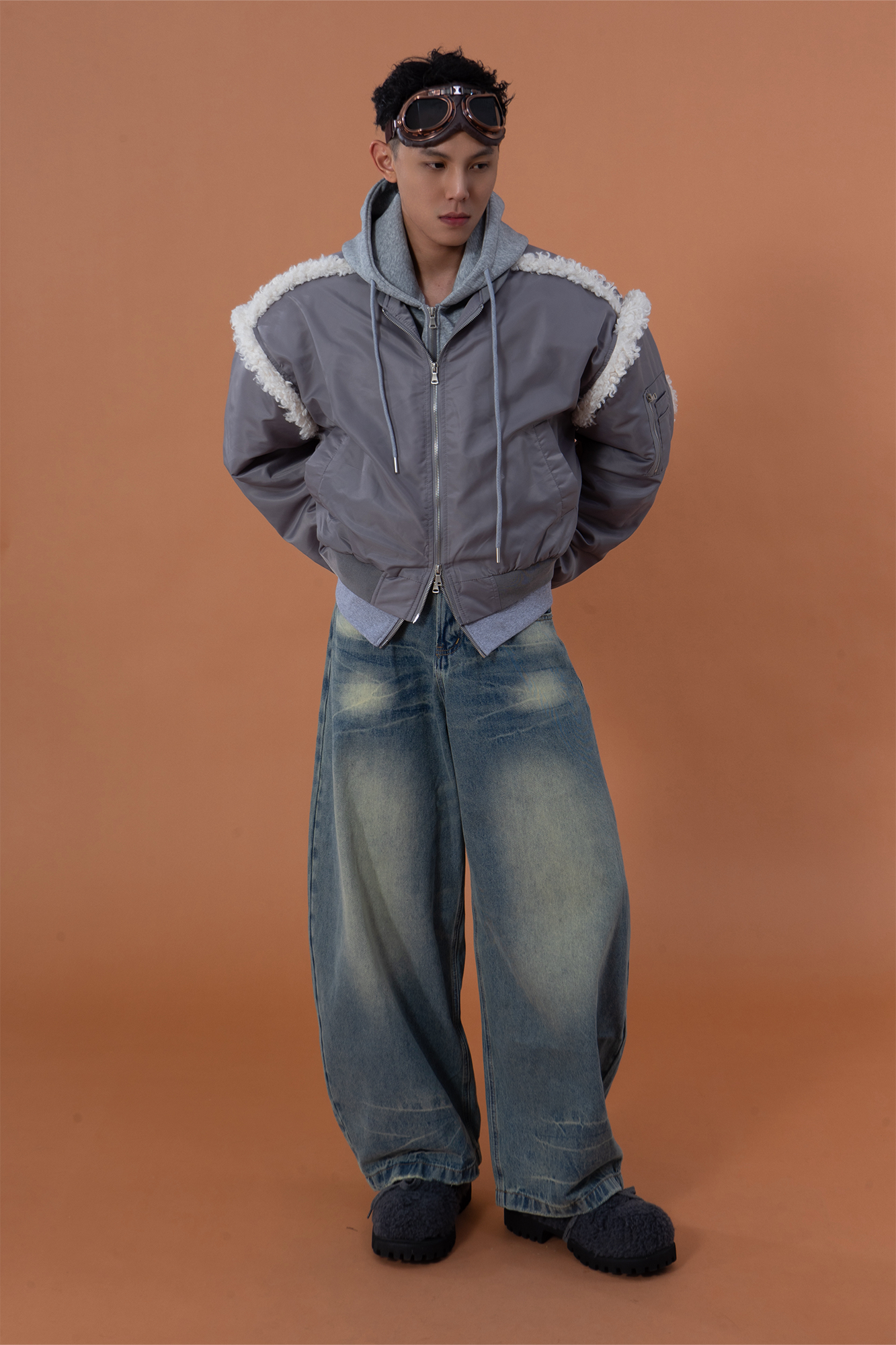 CLP Layered Faux Shearling Hooded Bomber Jacket