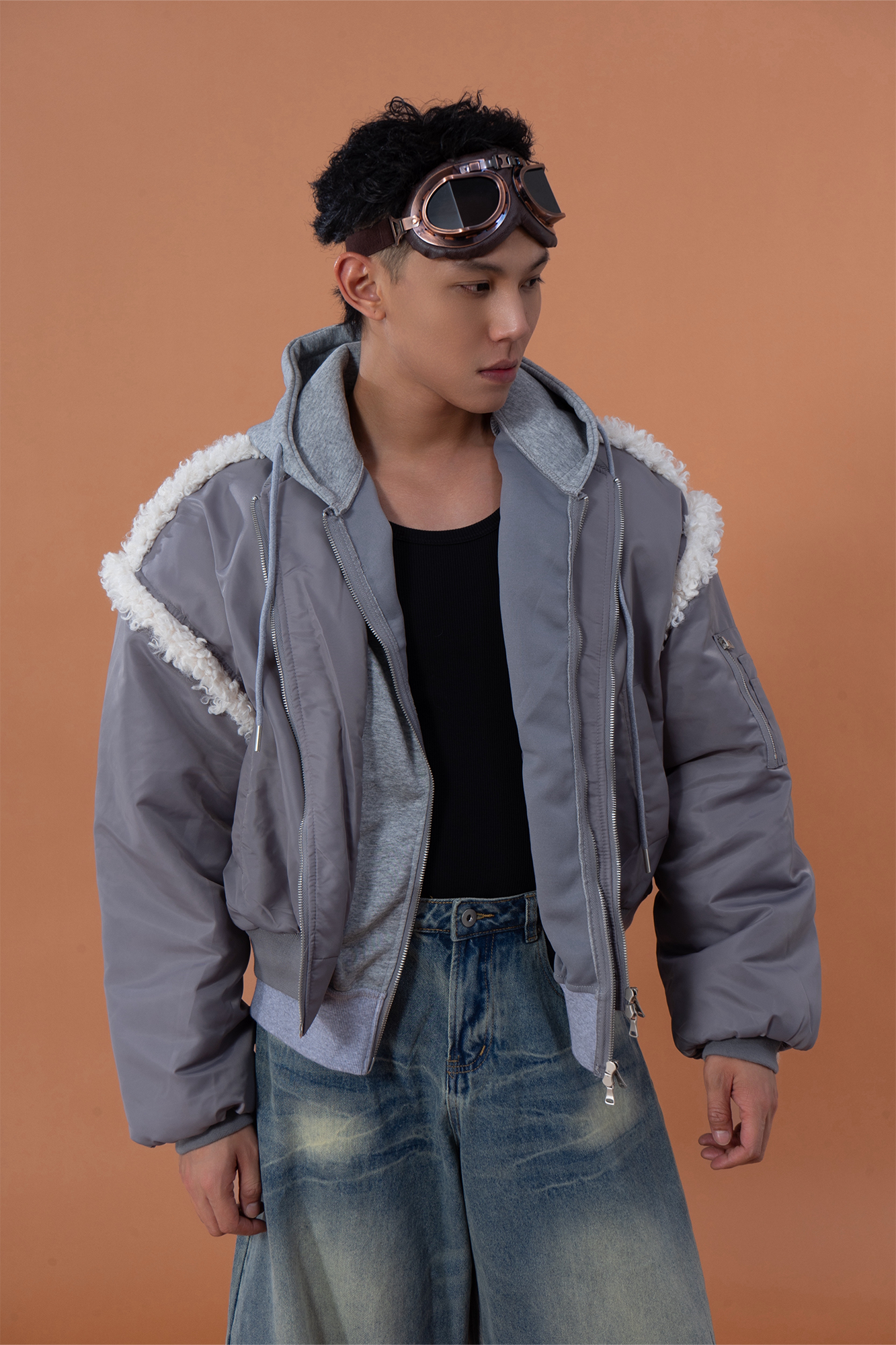 CLP Layered Faux Shearling Hooded Bomber Jacket