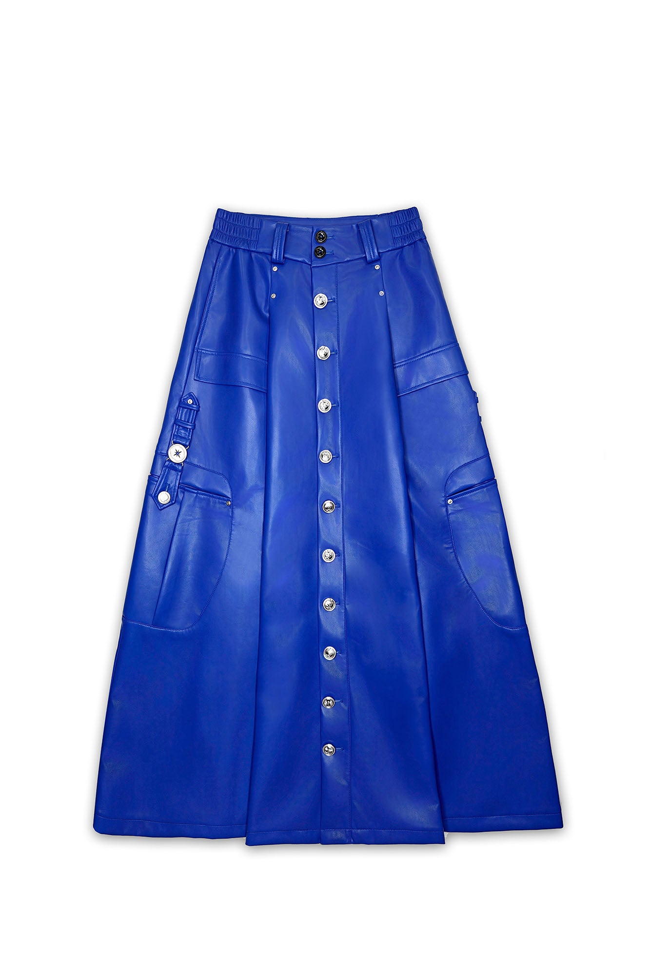 FACEONLAB Utility Faux Leather Buttoned Maxi Skirt, premium urban and streetwear designers apparel on PROJECTISR.com, FACEONLAB