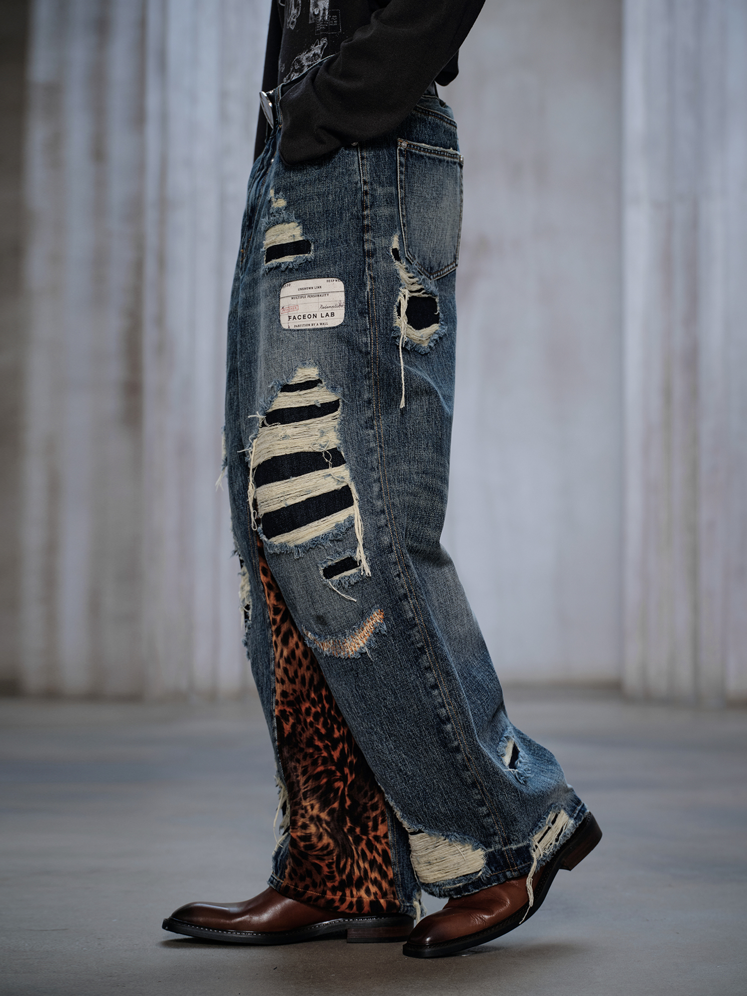 FACEONLAB Distressed Patch Leopard Paneled Jeans, premium urban and streetwear designers apparel on PROJECTISR.com, FACEONLAB