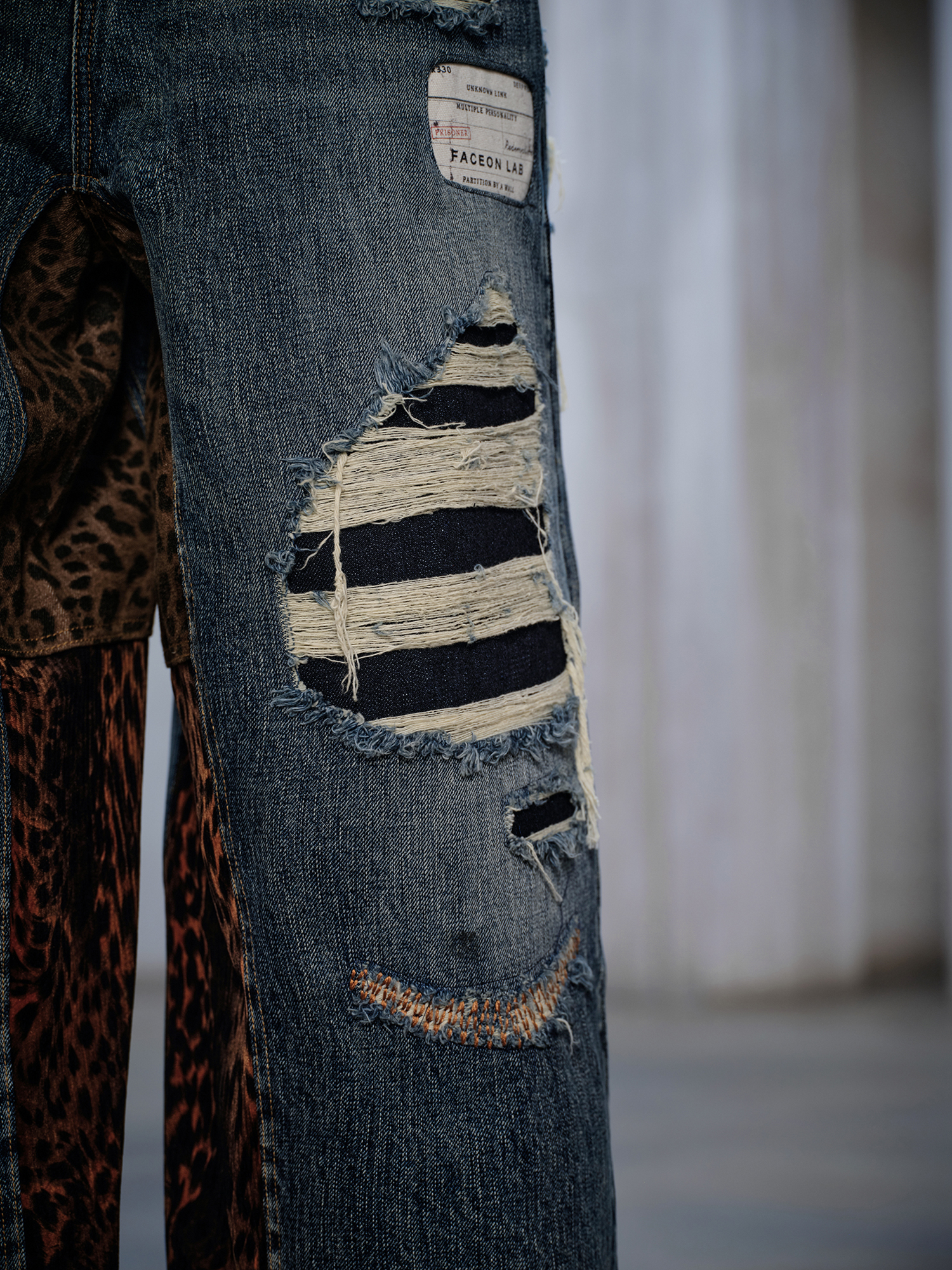 FACEONLAB Distressed Patch Leopard Paneled Jeans, premium urban and streetwear designers apparel on PROJECTISR.com, FACEONLAB